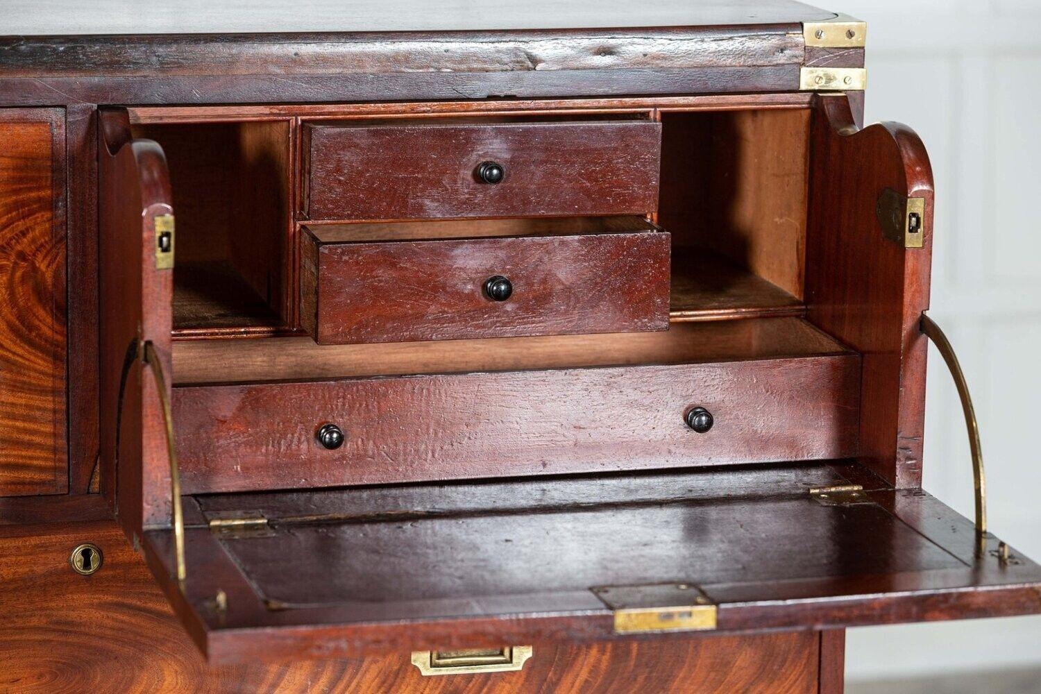 19thC English Campaign Mahogany Secretaire Chest Drawers 3