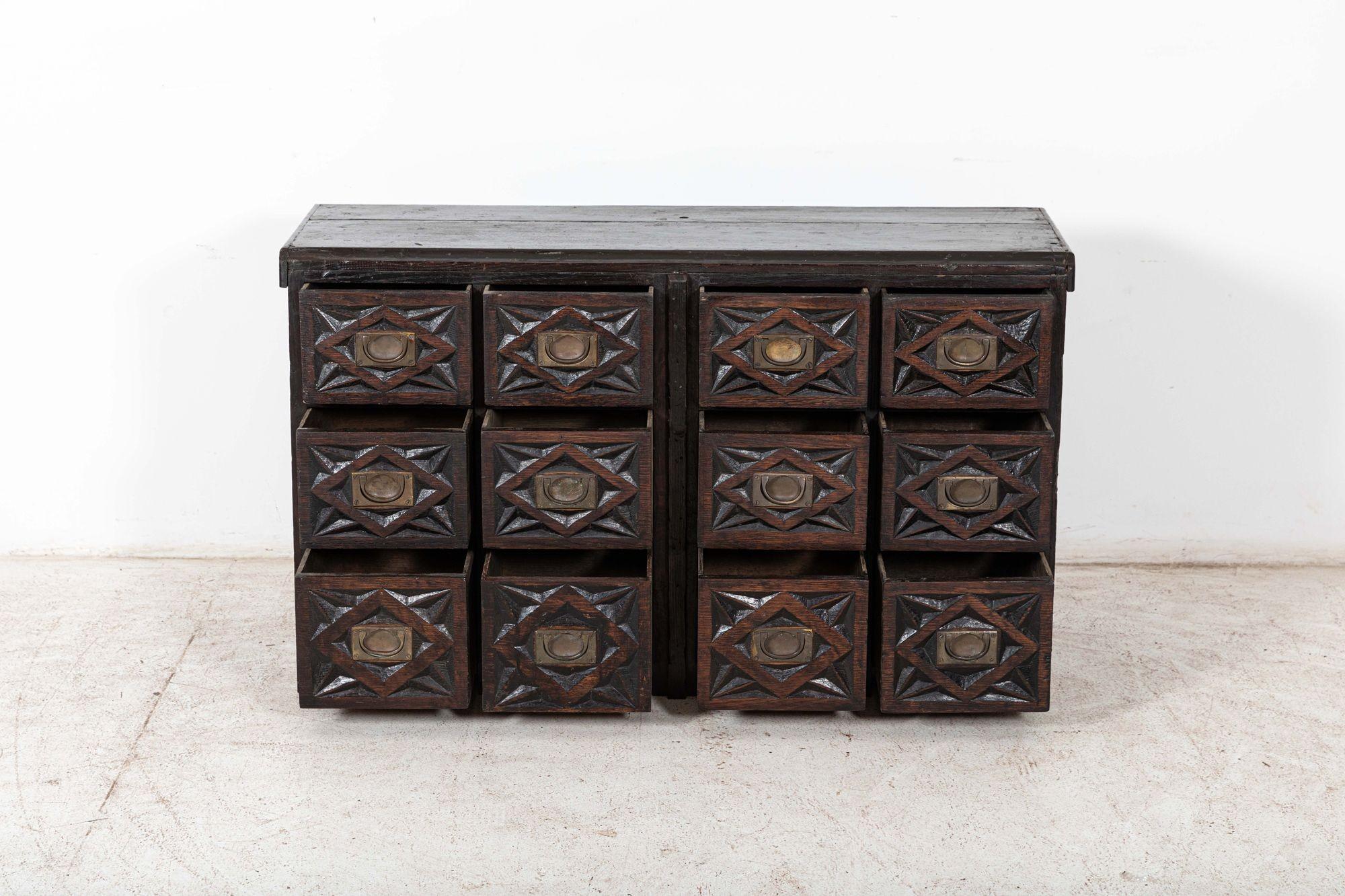 Late 18th Century 19thC English Carved Oak Apothecary Drawers