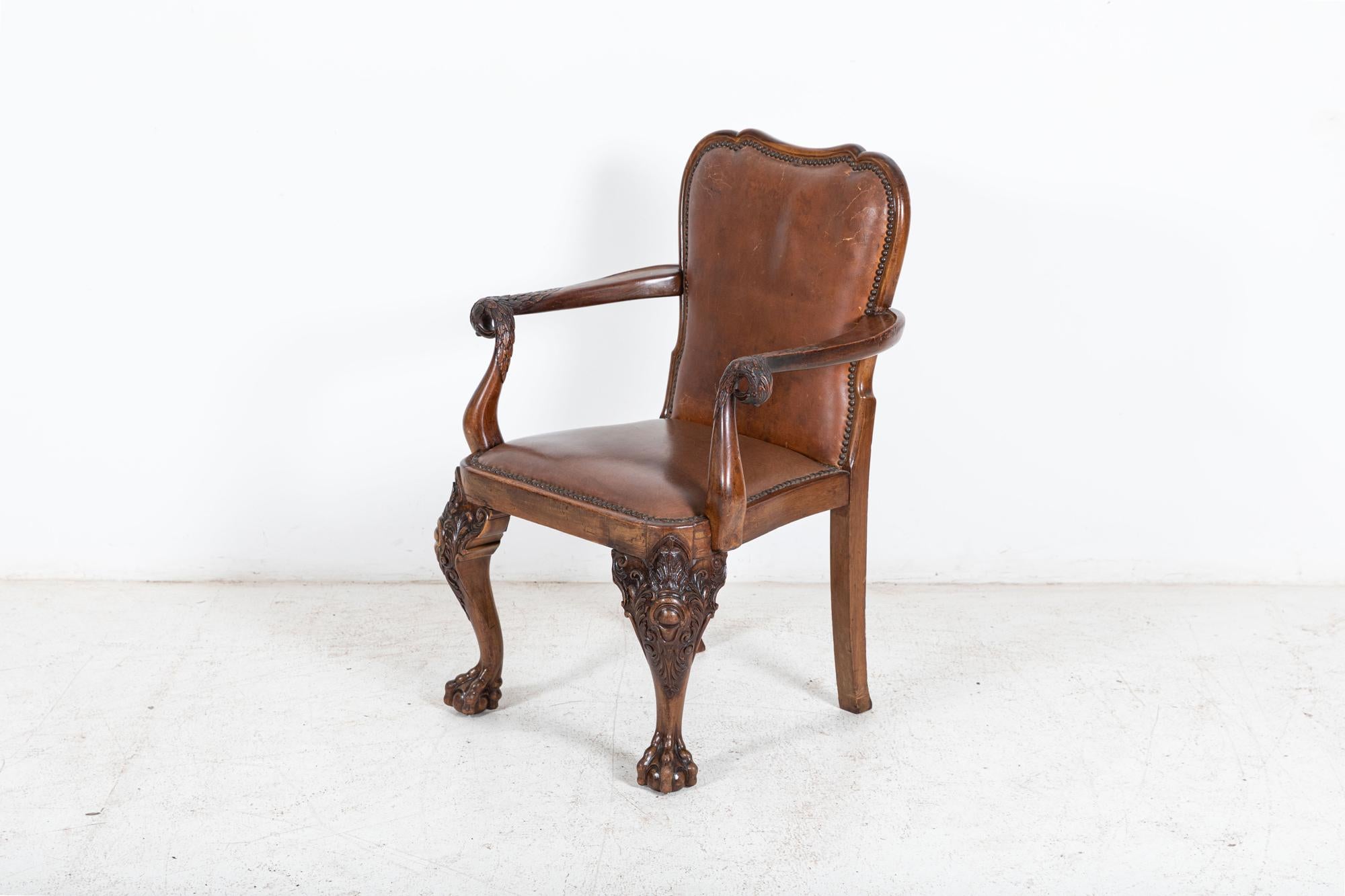 19thC English Carved Walnut Griffin Library Armchair 1