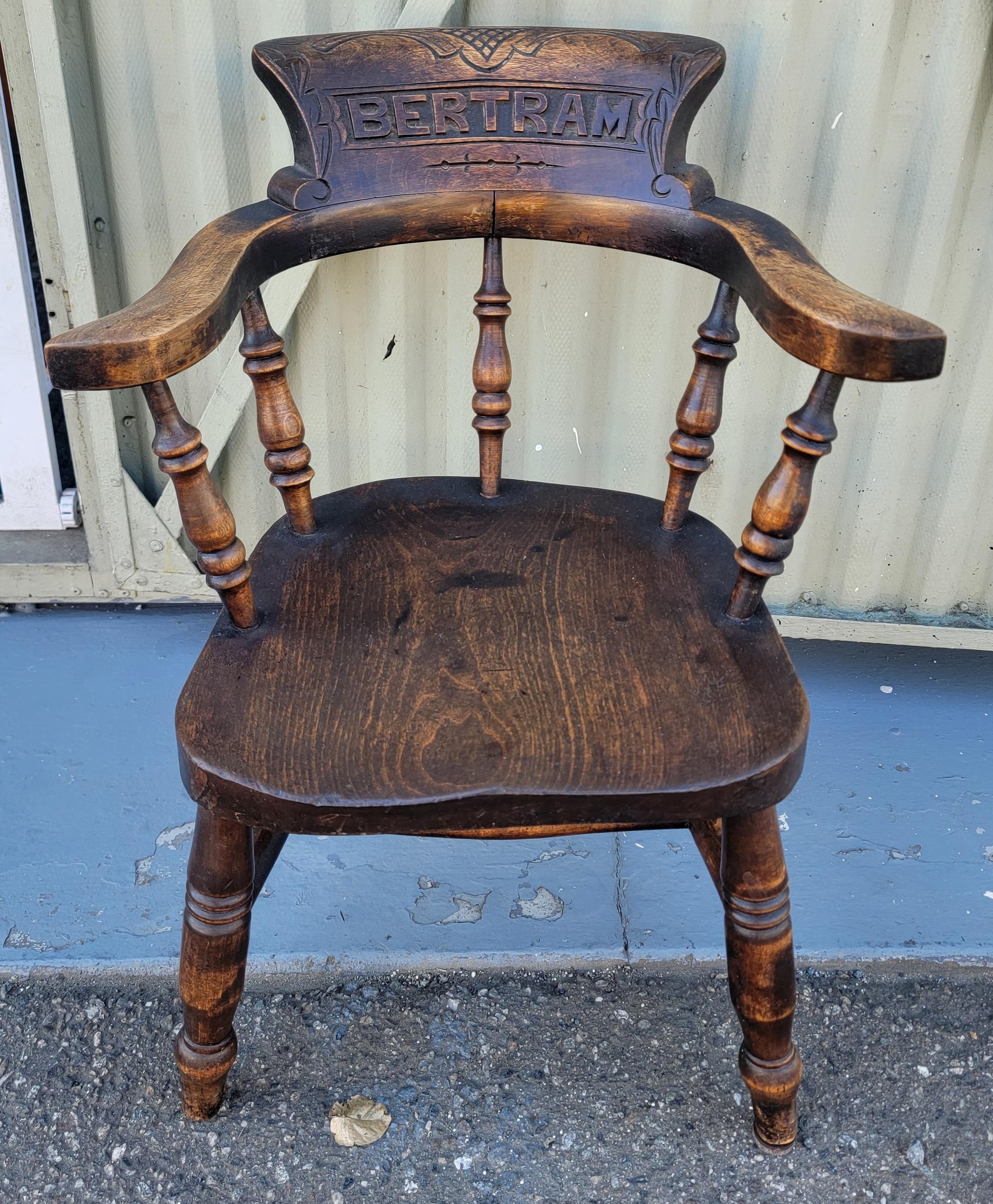 19Thc Hand crafted & carved Children's Windsor captains chair with the name 