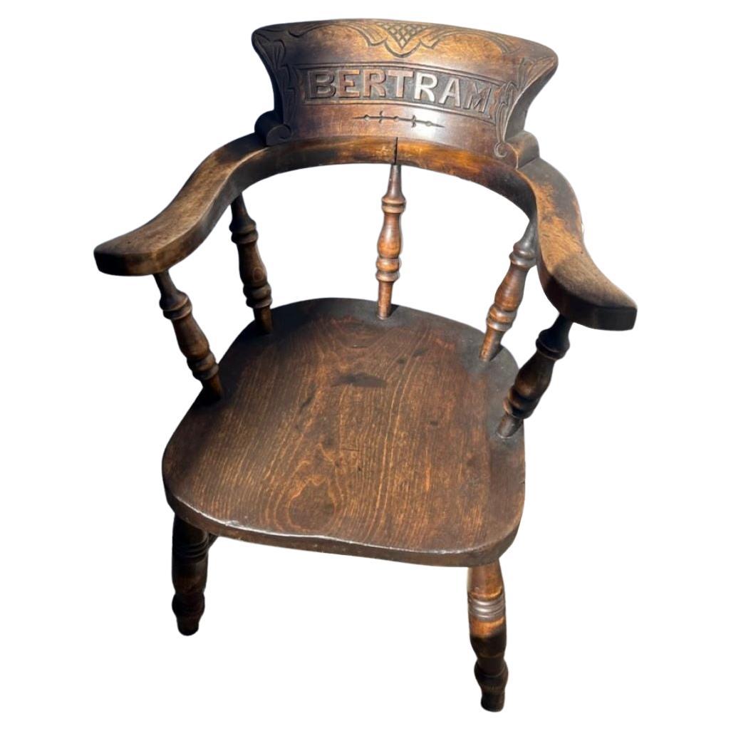 19Thc English Children's Windsor Arm Chair Carved " Bertram" 