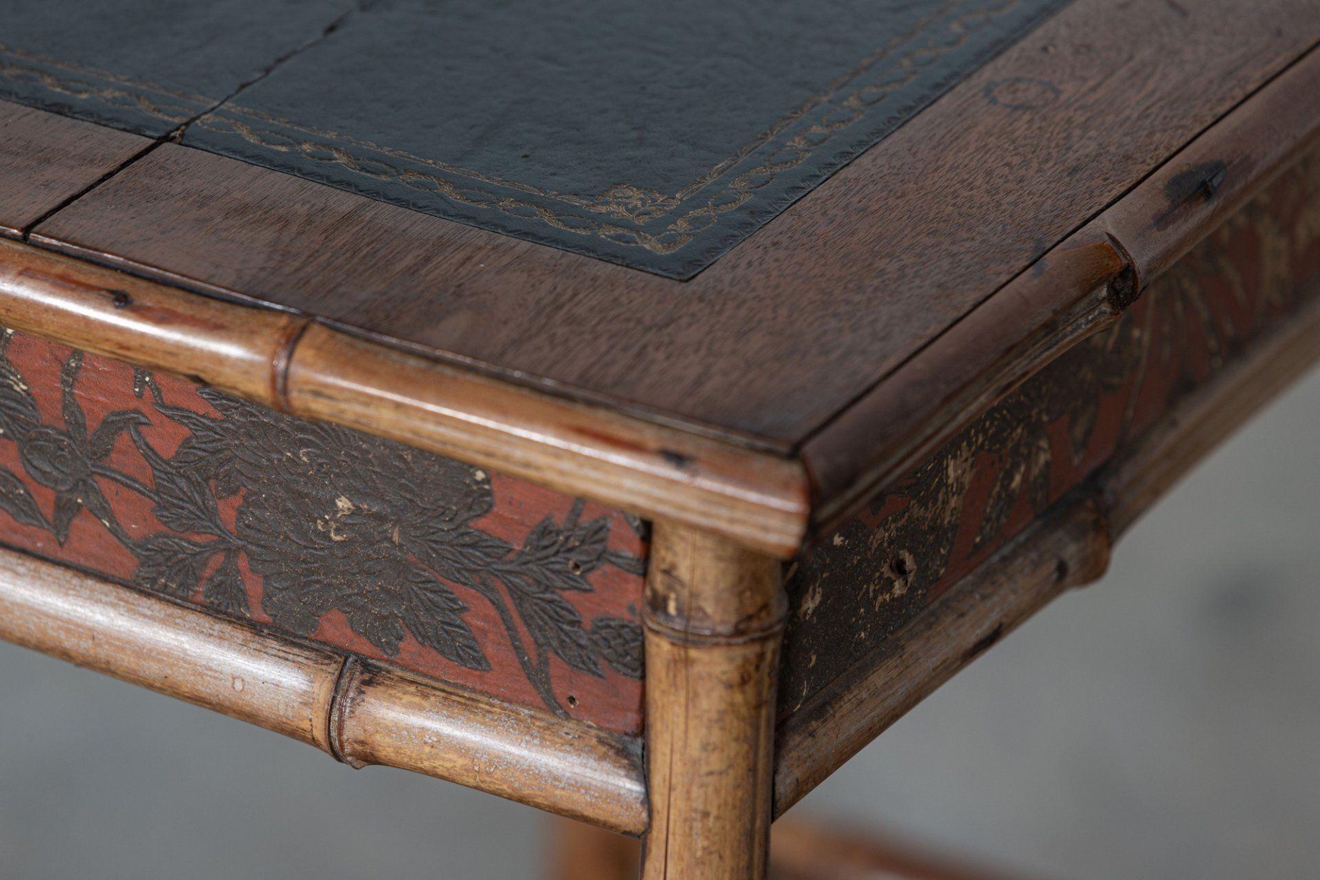 circa 1880
19th C English chinoiserie bamboo writing table - mahogany top with a tooled leather inset.
An exceptional example
sku 1238
Measures: W73 x D48 x H72 cm
Knee height 60 cm.