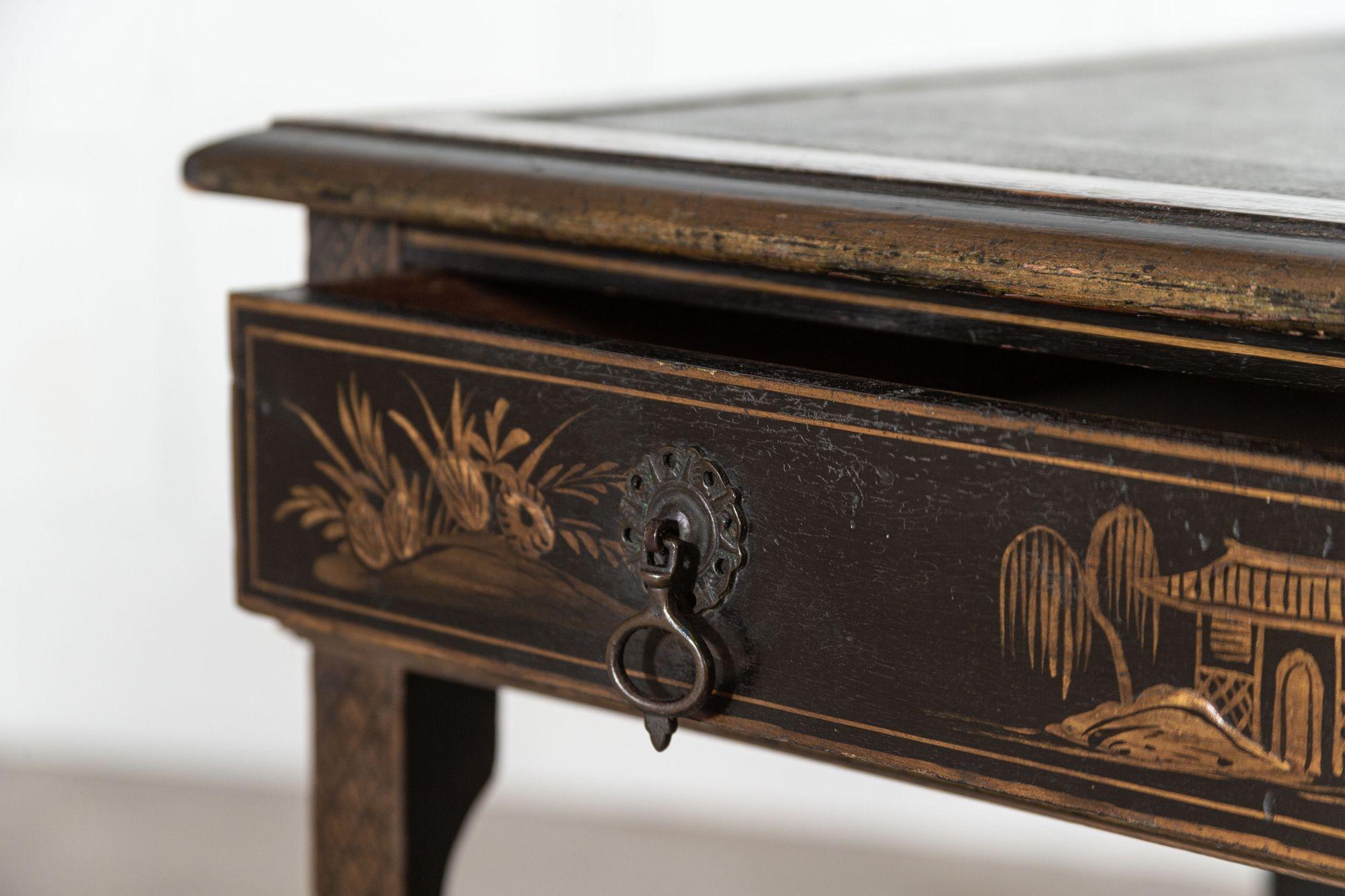 circa 1840
19th century English Chinoiserie Lleather writing table.
An exceptional example.
sku 1393
Measures:W 76 x D 51 x H 74 cm.
