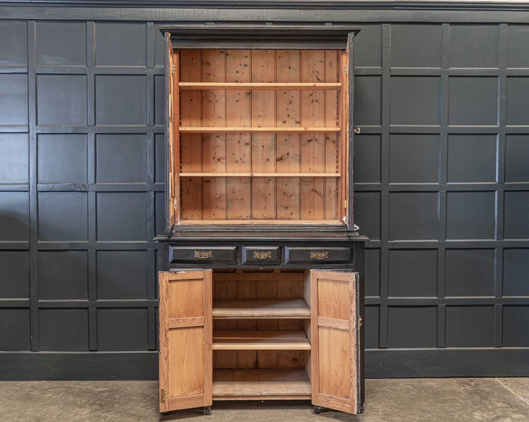 19th century English ebonized astral glazed bookcase or vitrine or dresser,
circa 1860.

Featuring detailed paneled sides, doors and drawers. With 11 dovetailed drawers and shelved storage with adjustable top cabinet shelves. Original glass and