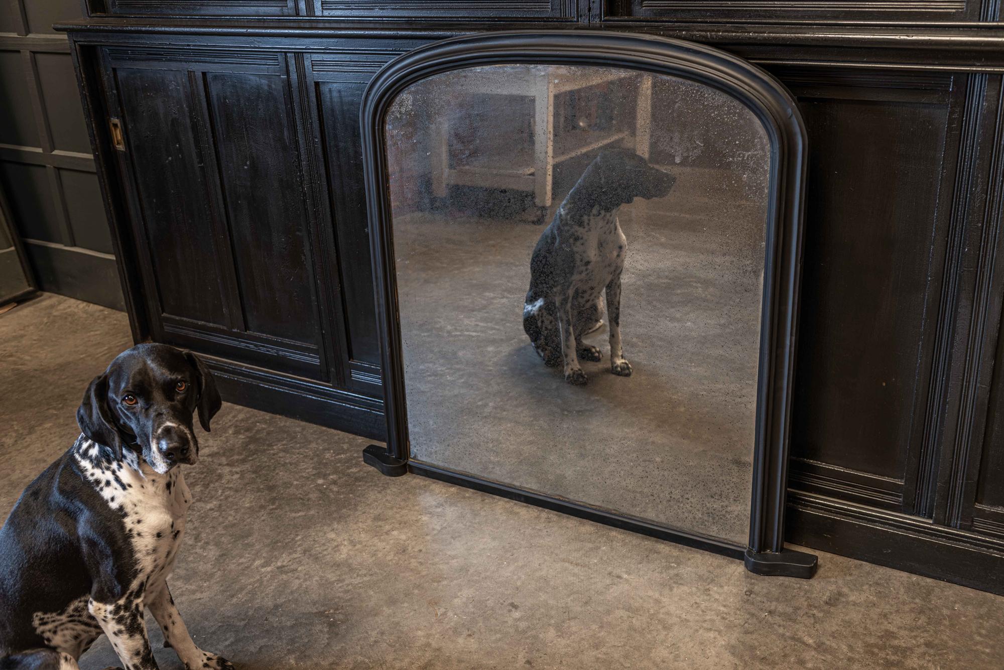 19th century English ebonized foxed overmantle mirror
circa 1876.

19th century ebonized foxed overmantle mirror with an excellent original foxed mercury mirror plate, original backboards and newspaper cuttings from the height of the Industrial
