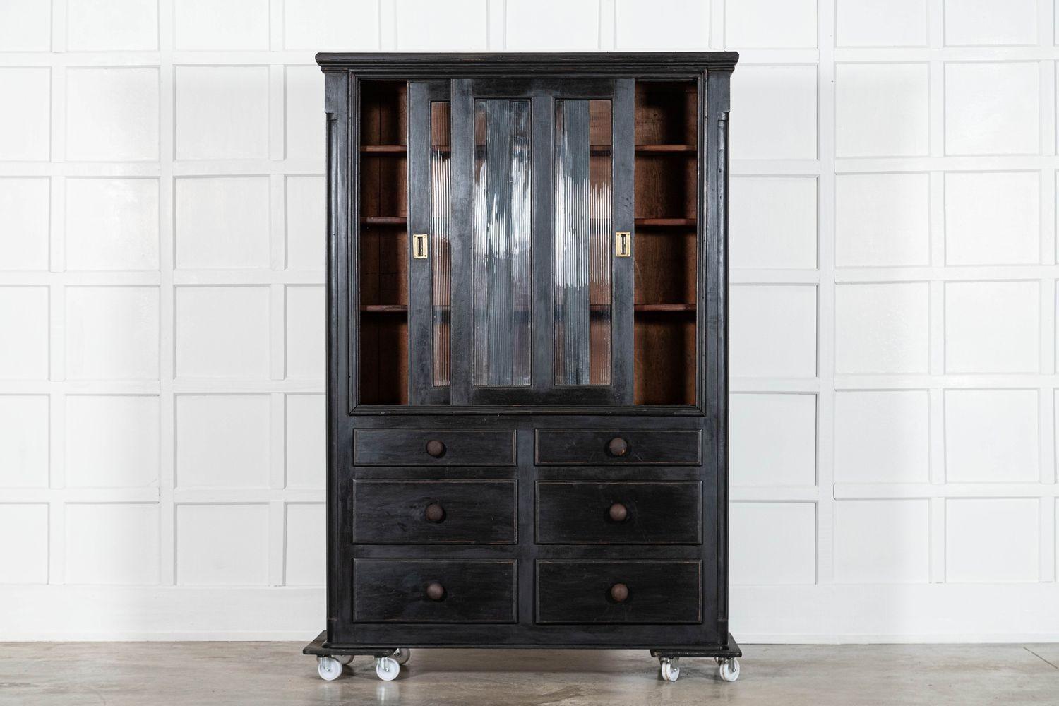 circa 1880
19thC English Ebonised Pine Glazed Housekeepers Cabinet
sku 1174
W138 x D38 x H195 cm
Internal shelf depth 27 cm
Weight 124kg
