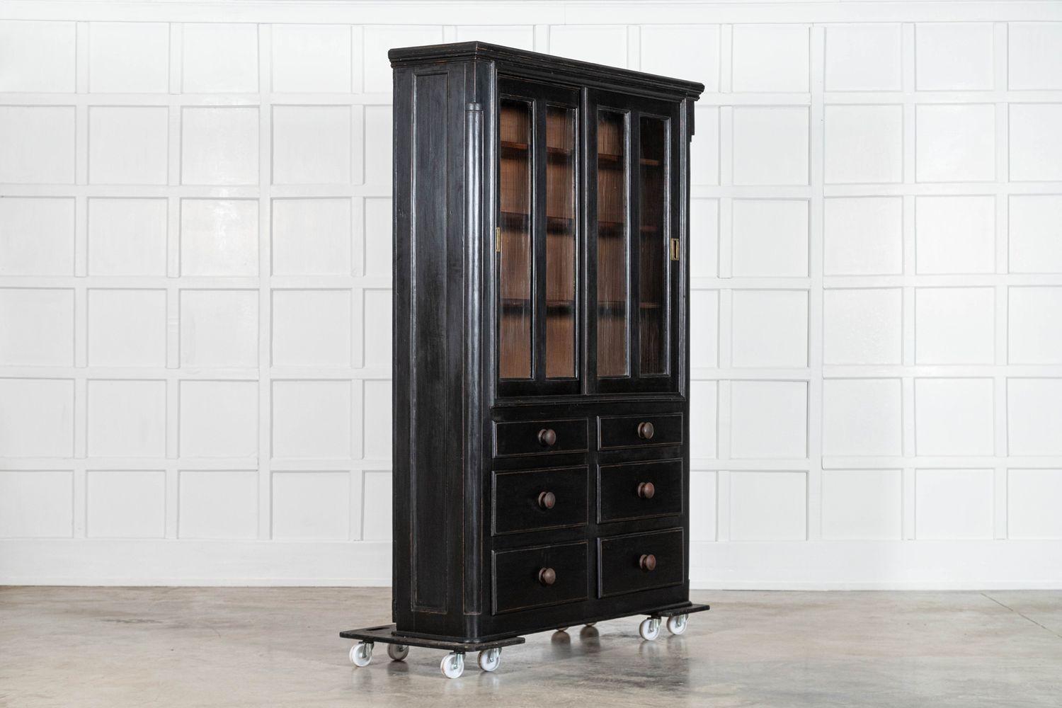 19thC English Ebonised Pine Glazed Housekeepers Cabinet In Good Condition In Staffordshire, GB