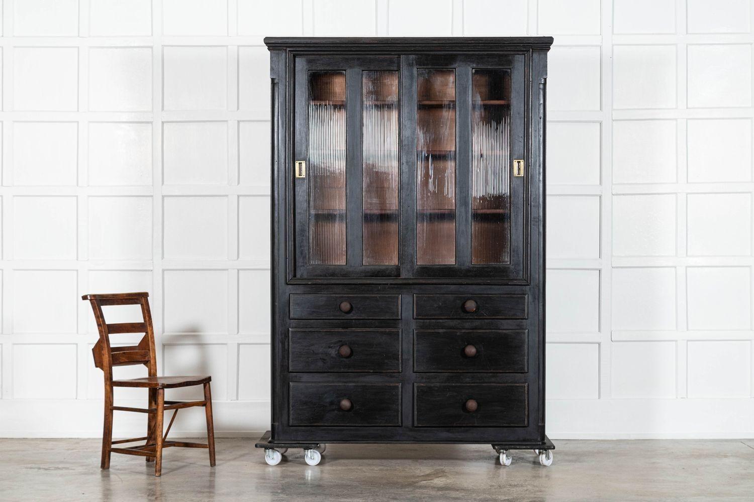 19th Century 19thC English Ebonised Pine Glazed Housekeepers Cabinet