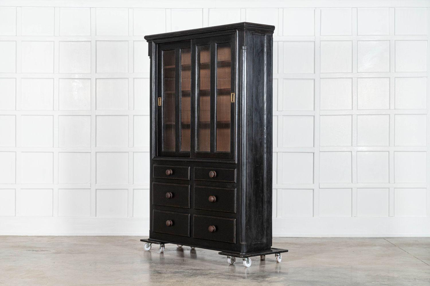 19thC English Ebonised Pine Glazed Housekeepers Cabinet 1