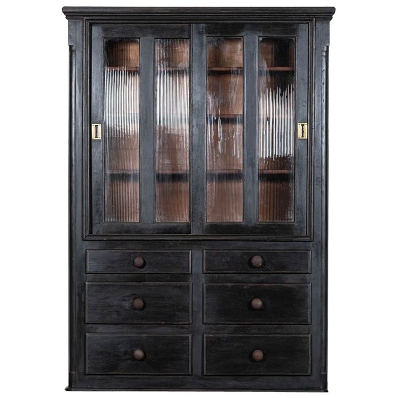 19thC English Ebonised Pine Glazed Housekeepers Cabinet