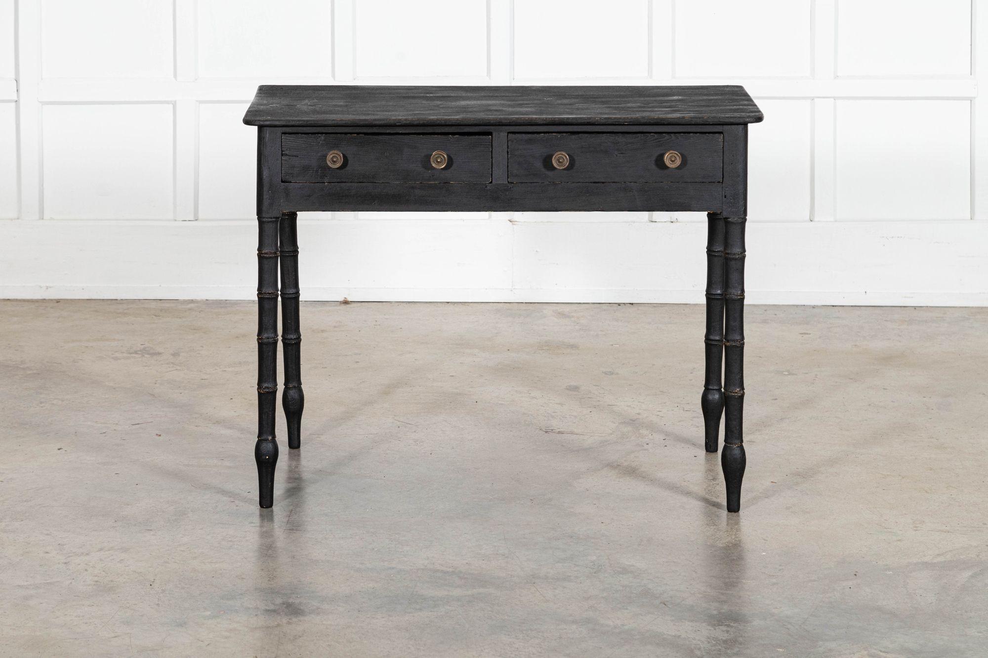 circa 1820
19thC English Faux Bamboo Ebonised Pine Side Table

sku 1615
W99 x D49 x H75 cm
Weight 8Kg