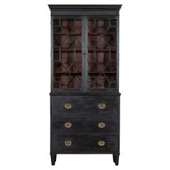 19thC English Glazed Mahogany Ebonised Bookcase Secretaire