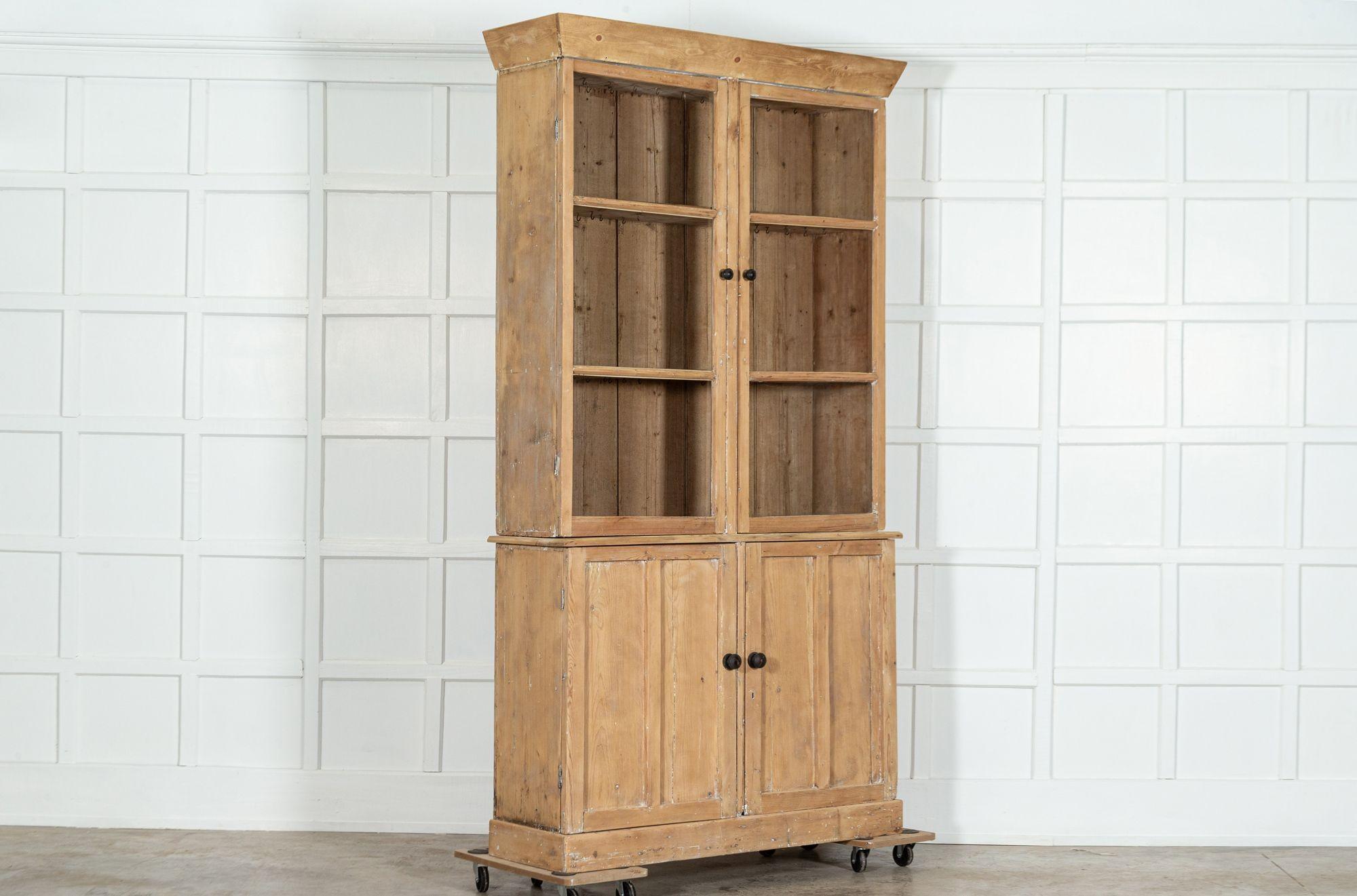 British 19thc English Glazed Pine Housekeepers Cupboard For Sale