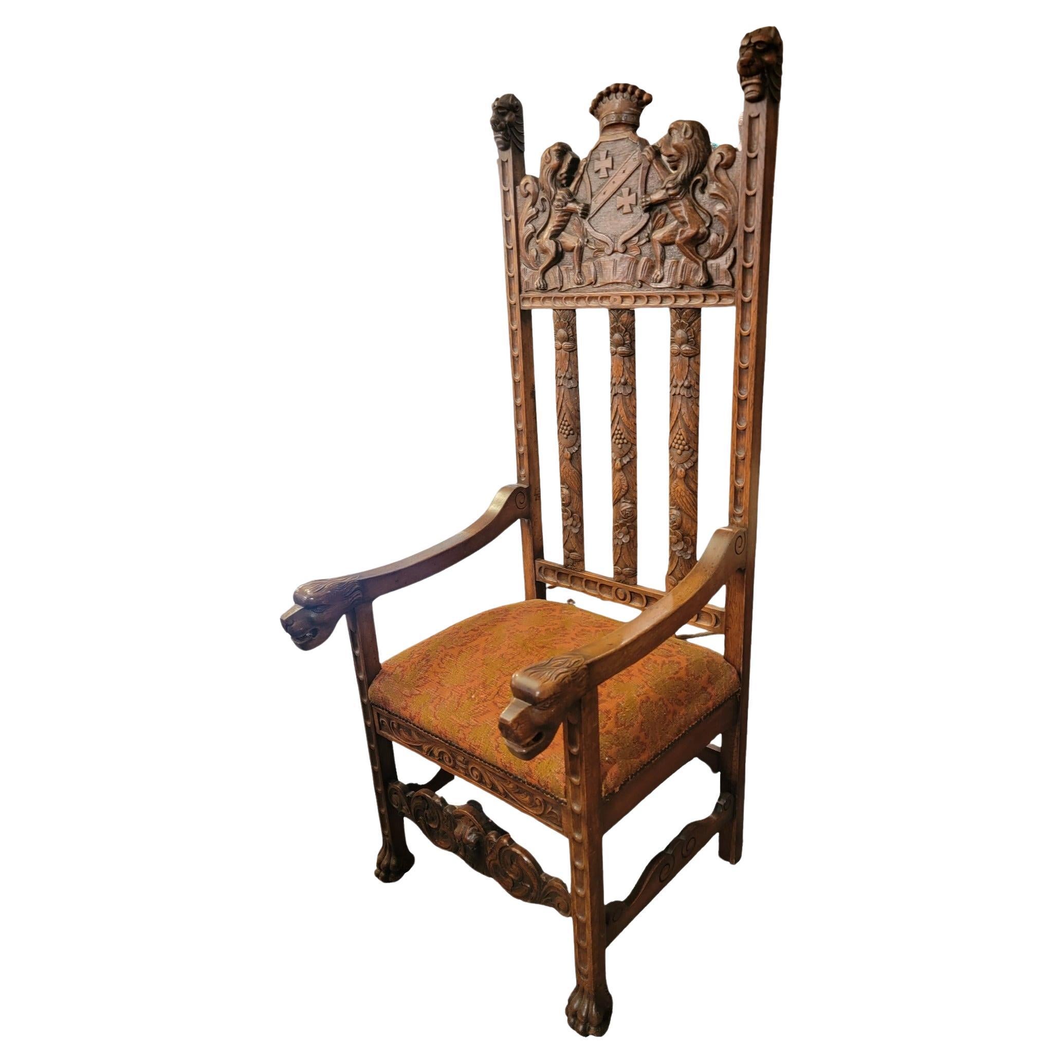 19thc English Hand Carved Wooden Kings Chair For Sale