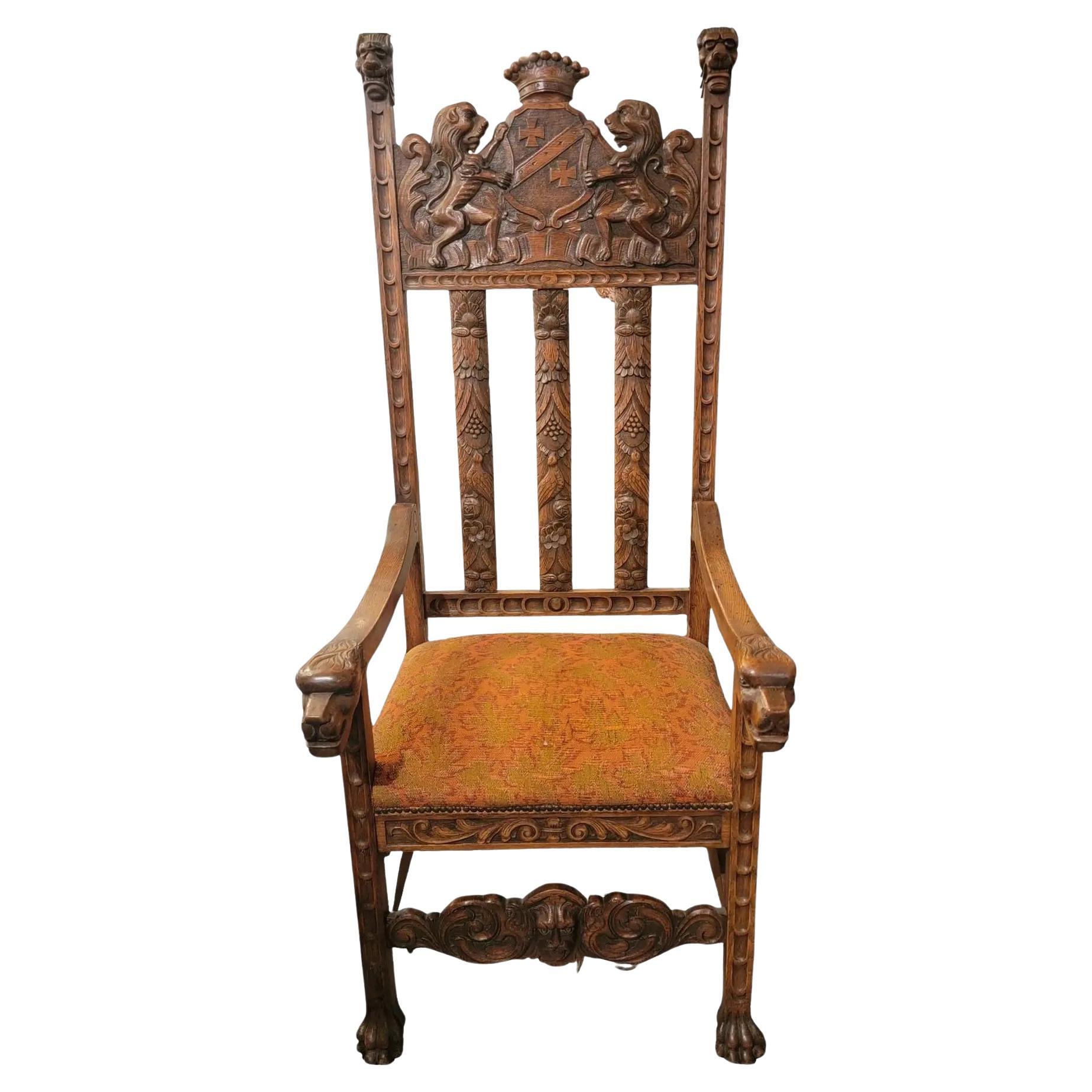 19thc English Hand Carved Wooden Kings Chair
