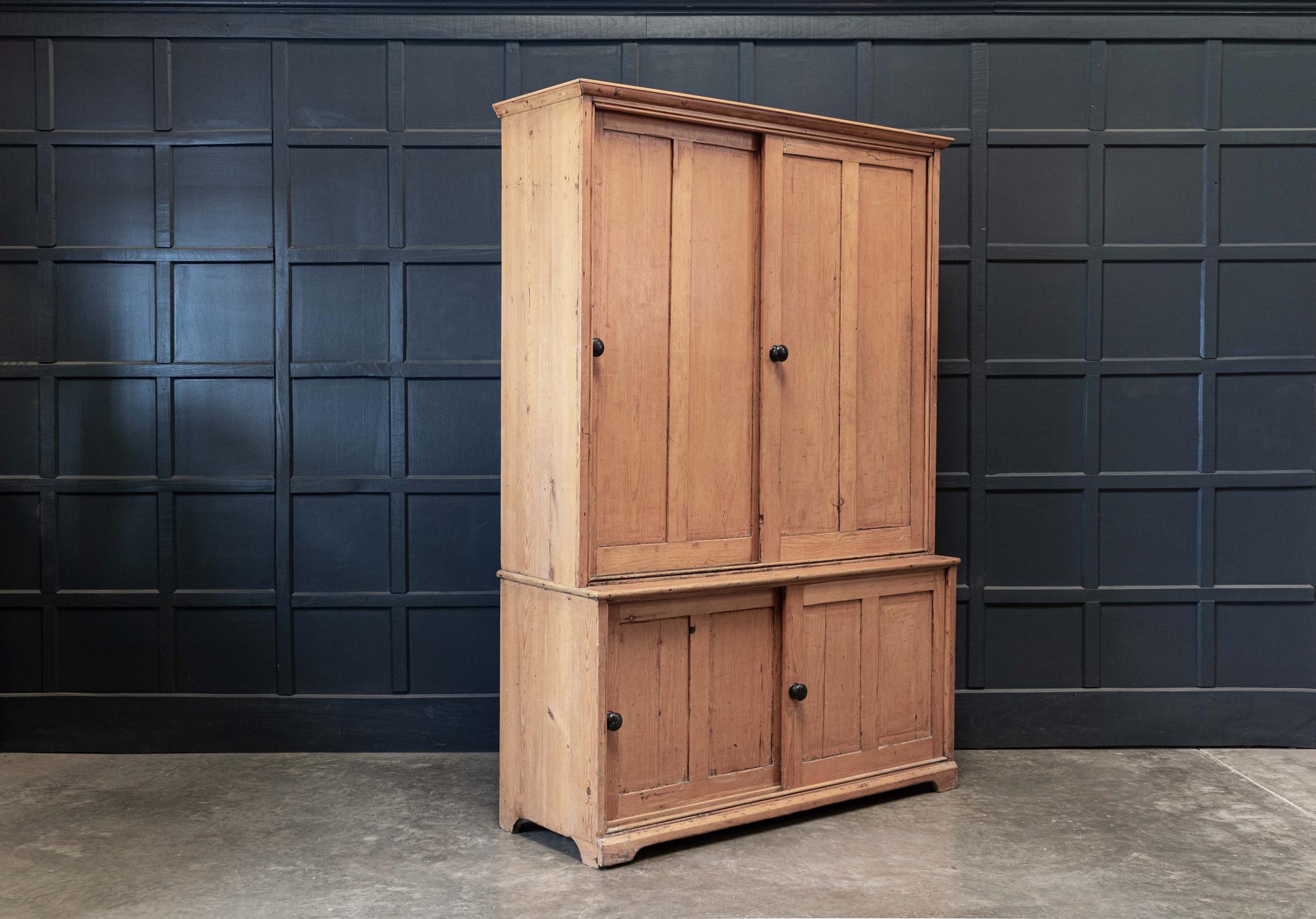 Circa 1890.

19thC English large pine housekeepers cupboard. With four panelled sliding doors, ebonised knobs and painted interior.

Good scale, colour and favourable narrow depth making it a versatile piece.



Measures: W143 x D51(base) x