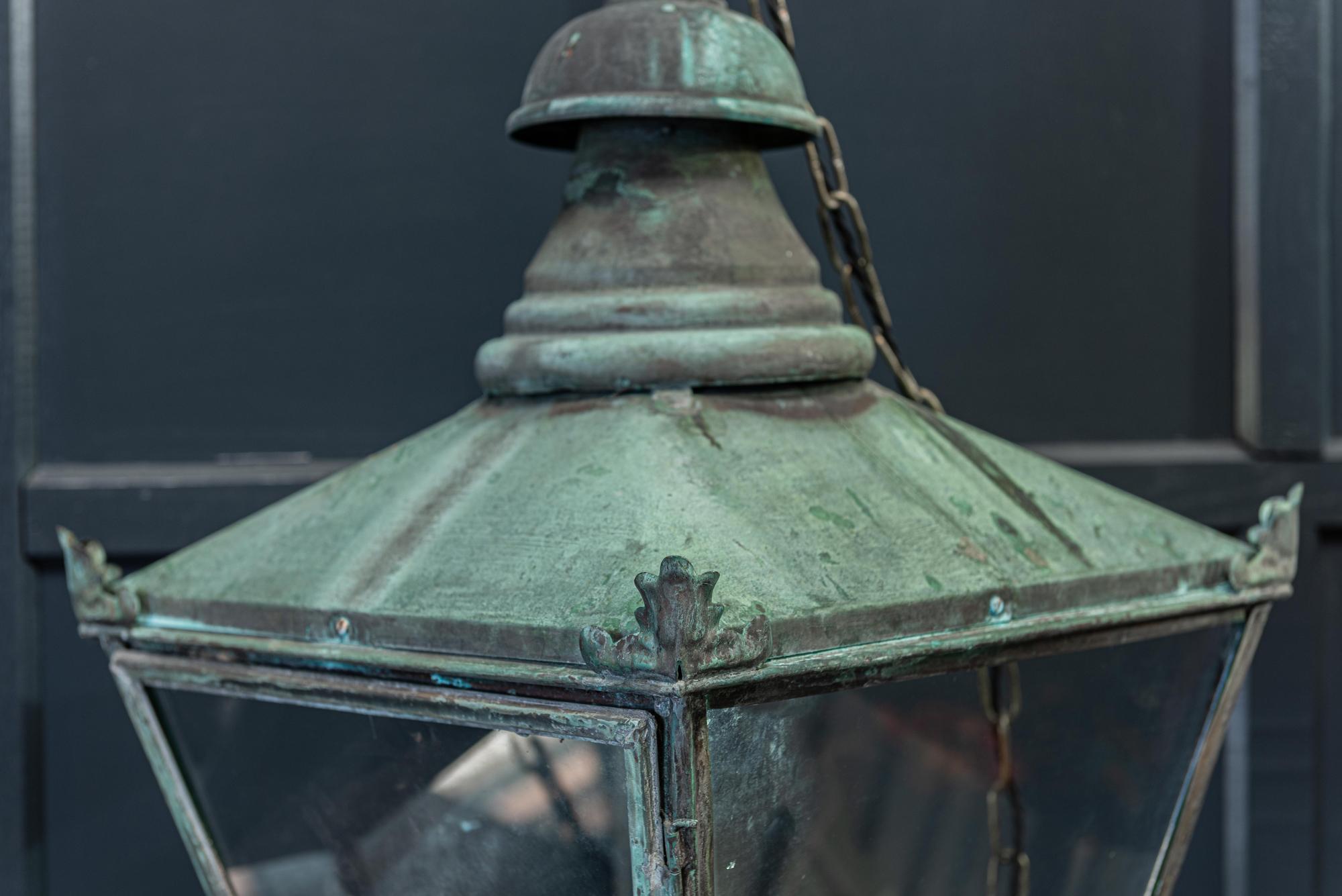 19th Century English Large Verdigris Glazed Lantern In Good Condition In Staffordshire, GB