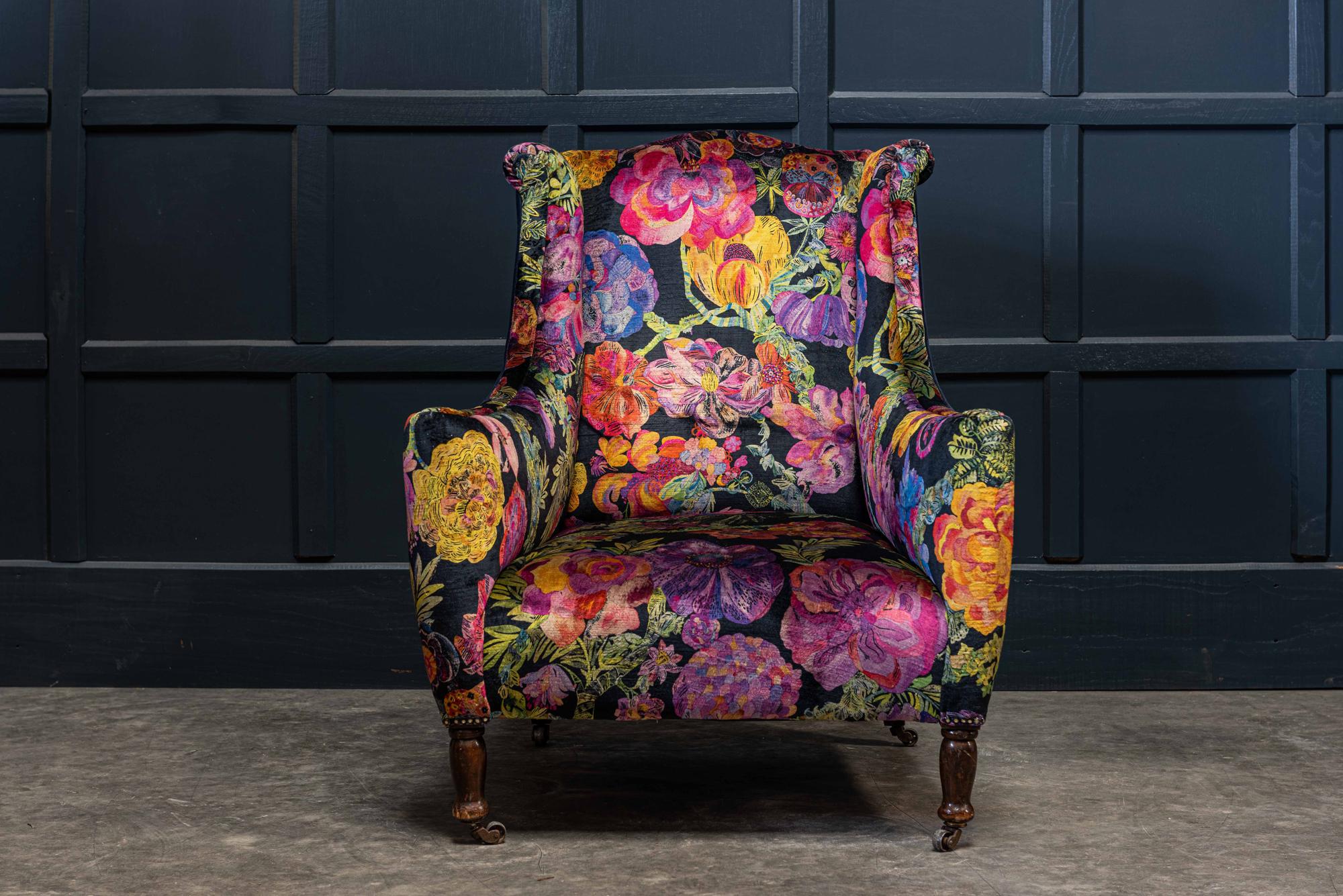 Victorian 19th Century English Mahogany Wingback Armchair, Liberty Secret Garden Velvet