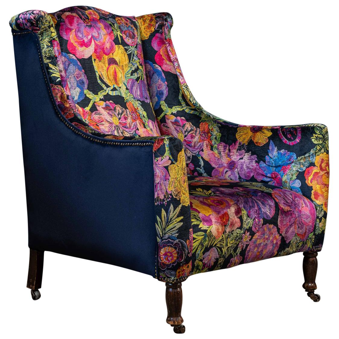 19th Century English Mahogany Wingback Armchair, Liberty Secret Garden Velvet