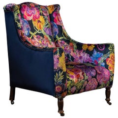 Antique 19th Century English Mahogany Wingback Armchair, Liberty Secret Garden Velvet