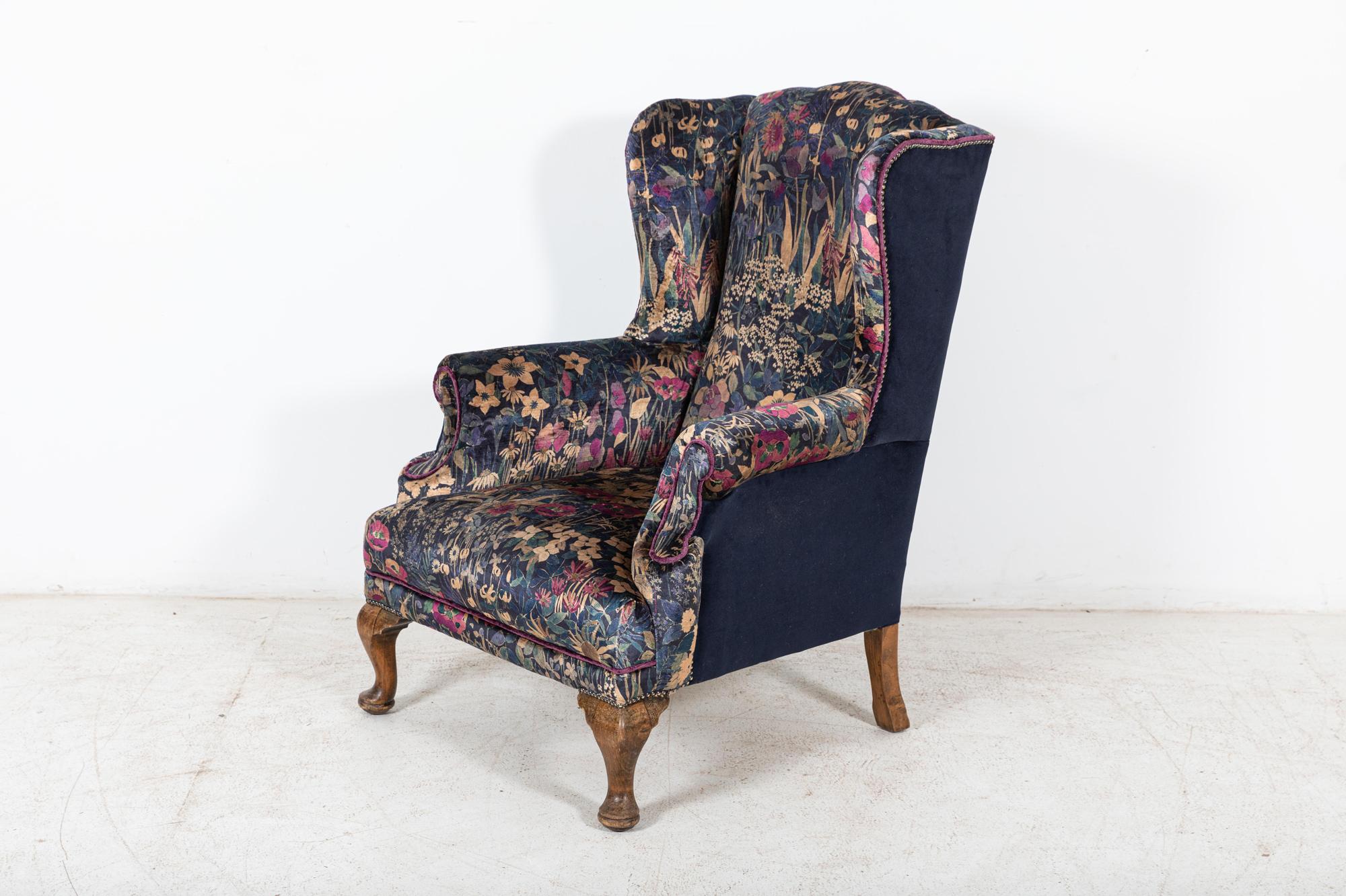 19thC English Mahogany Wingback Armchair Re-Upholstered in Liberty In Good Condition For Sale In Staffordshire, GB