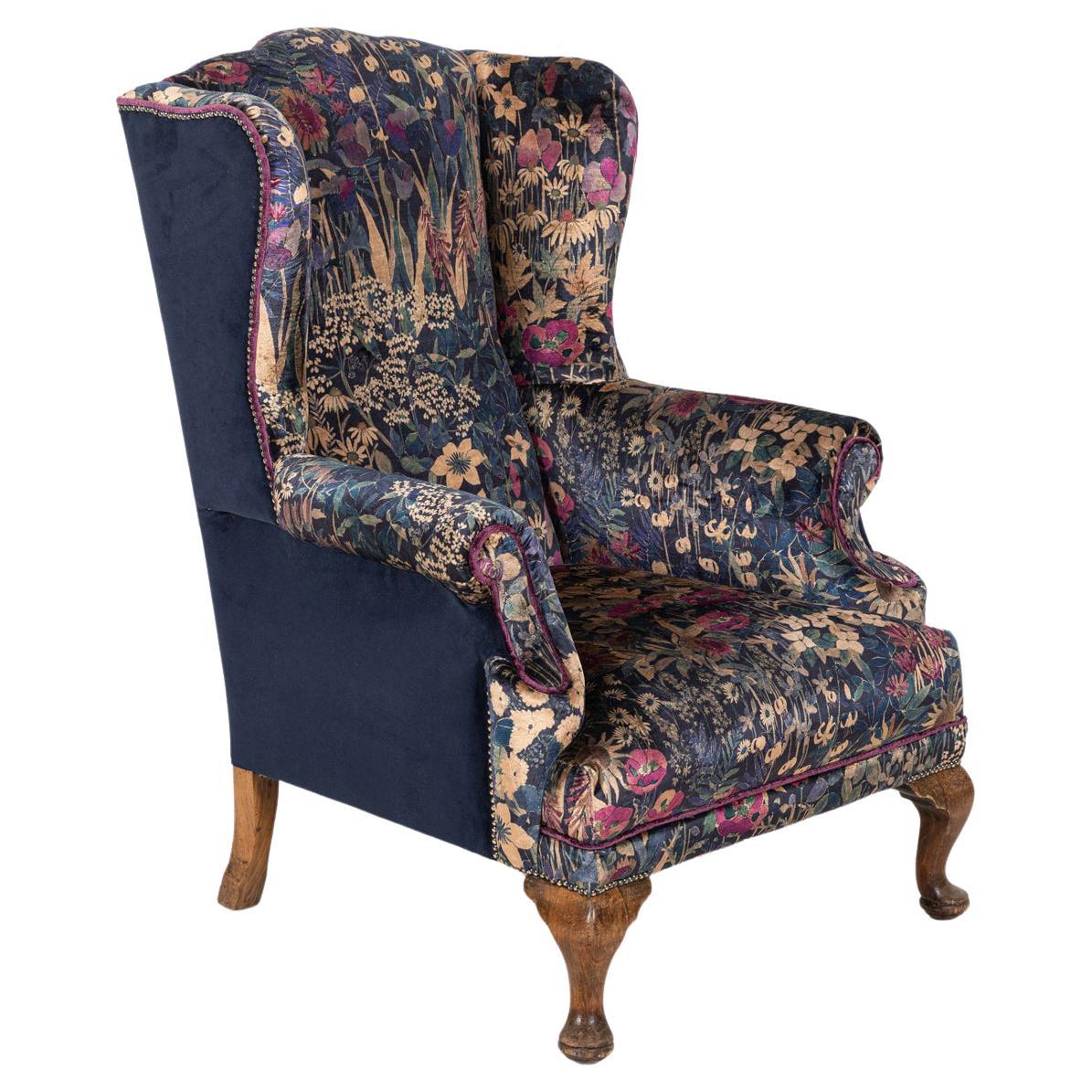 19thC English Mahogany Wingback Armchair Re-Upholstered in Liberty For Sale