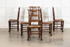 19thC English Oak Harlequin Set of 6 Rush Farmhouse Spindle Back Dining Chairs