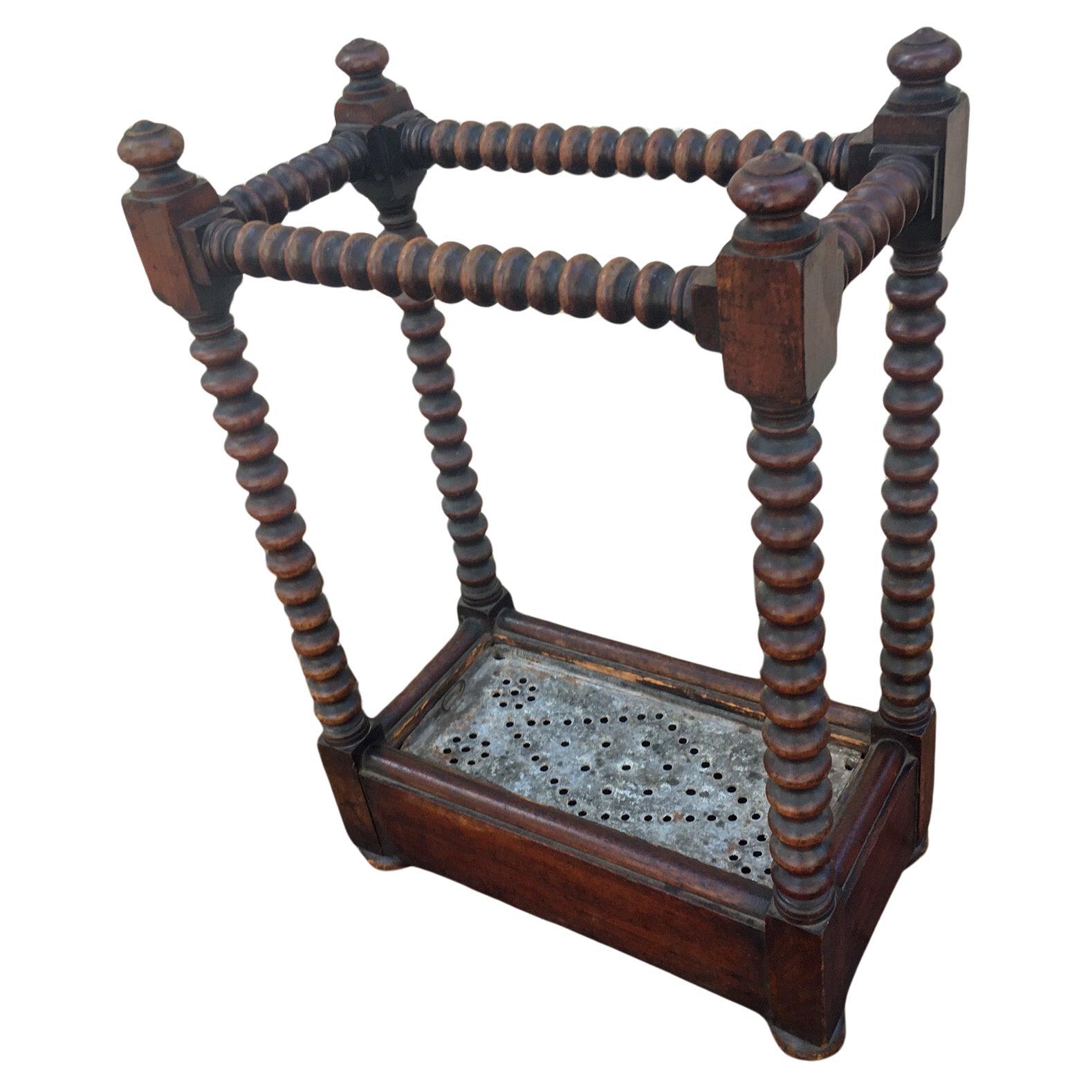 19thc English Oak Petite Size Umbrella Stand w/Spool Construction & Metal Liner