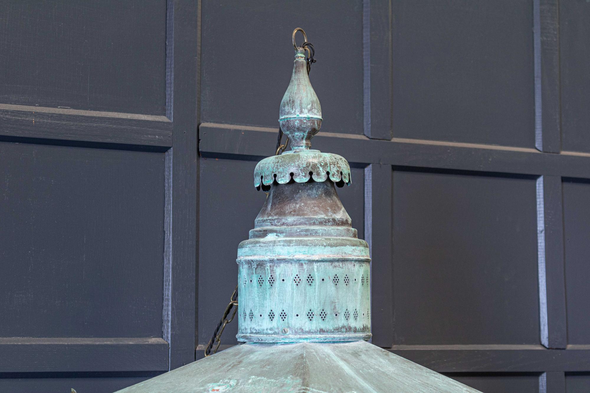 19th Century 19thC English Oversized Hexagonal Verdigris Statement Lantern