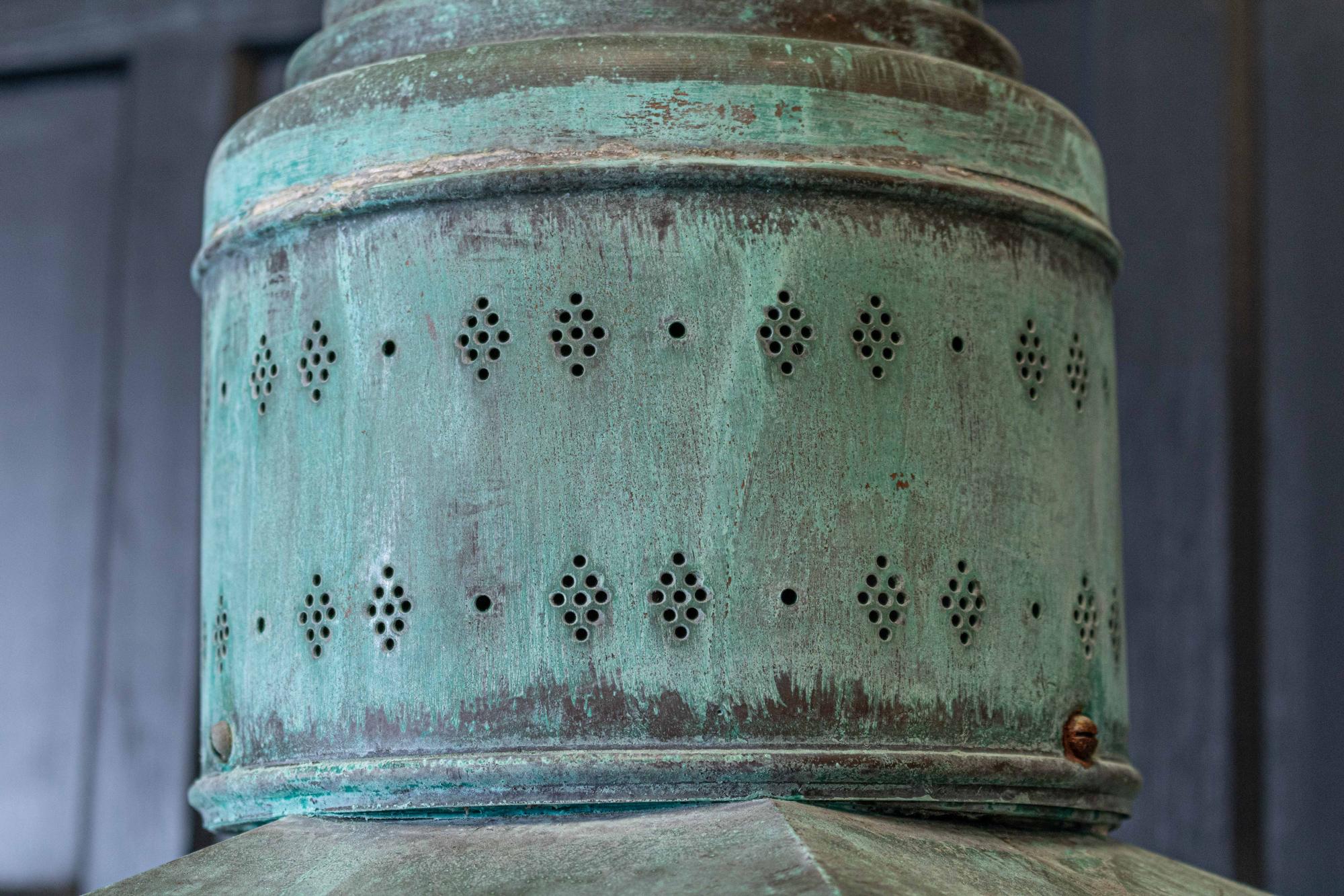 Copper 19thC English Oversized Hexagonal Verdigris Statement Lantern