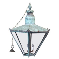 19thC English Oversized Hexagonal Verdigris Statement Lantern