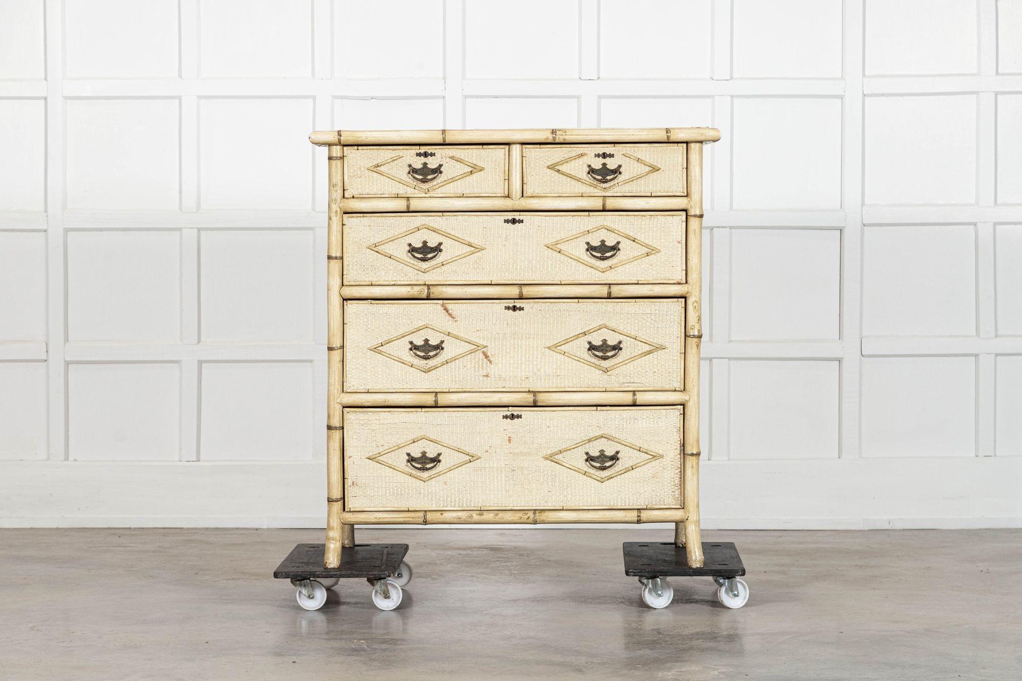 circa 1890
19thC English Painted Bamboo Chest Drawers
sku 2087
W100.5 x D51 x H108 cm
Weight 46Kg