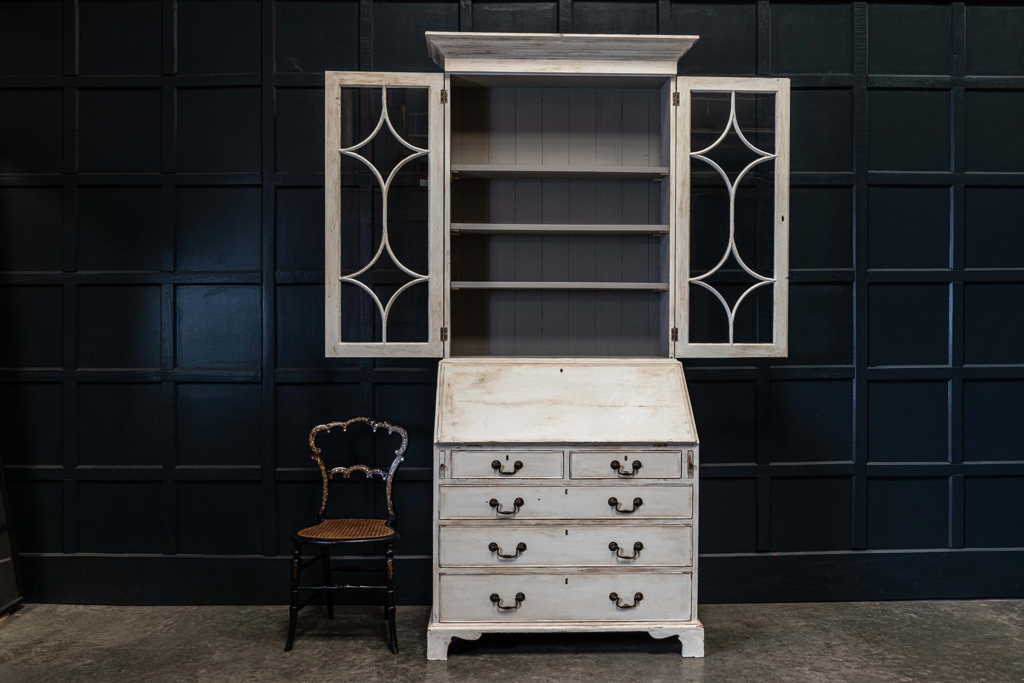 19th century English painted glazed bookcase bureau
circa 1845.

Great scale shape and form makes this a versatile piece of furniture. Adjustable cabinet shelves, behind the fall front is a lovely interior with with drawers, hinged door & pigeon