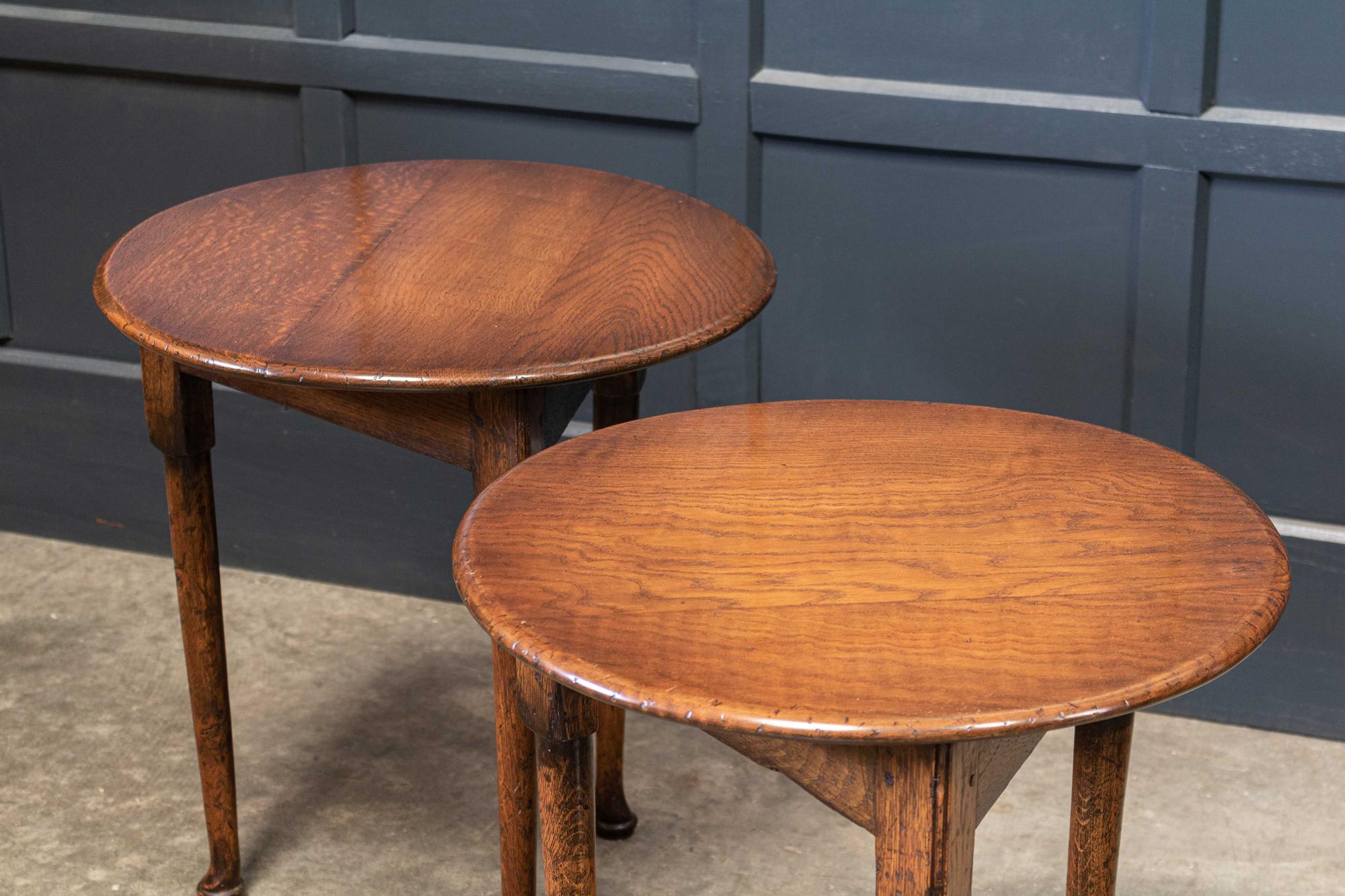 Circa 1840.

19thC pair of oak cricket / tavern tables, lovely patination and colour with pegged tapered legs on pad feet.

Price is for the pair.

Measures: W 50 x D 50 x H 58 cm


sku 671.