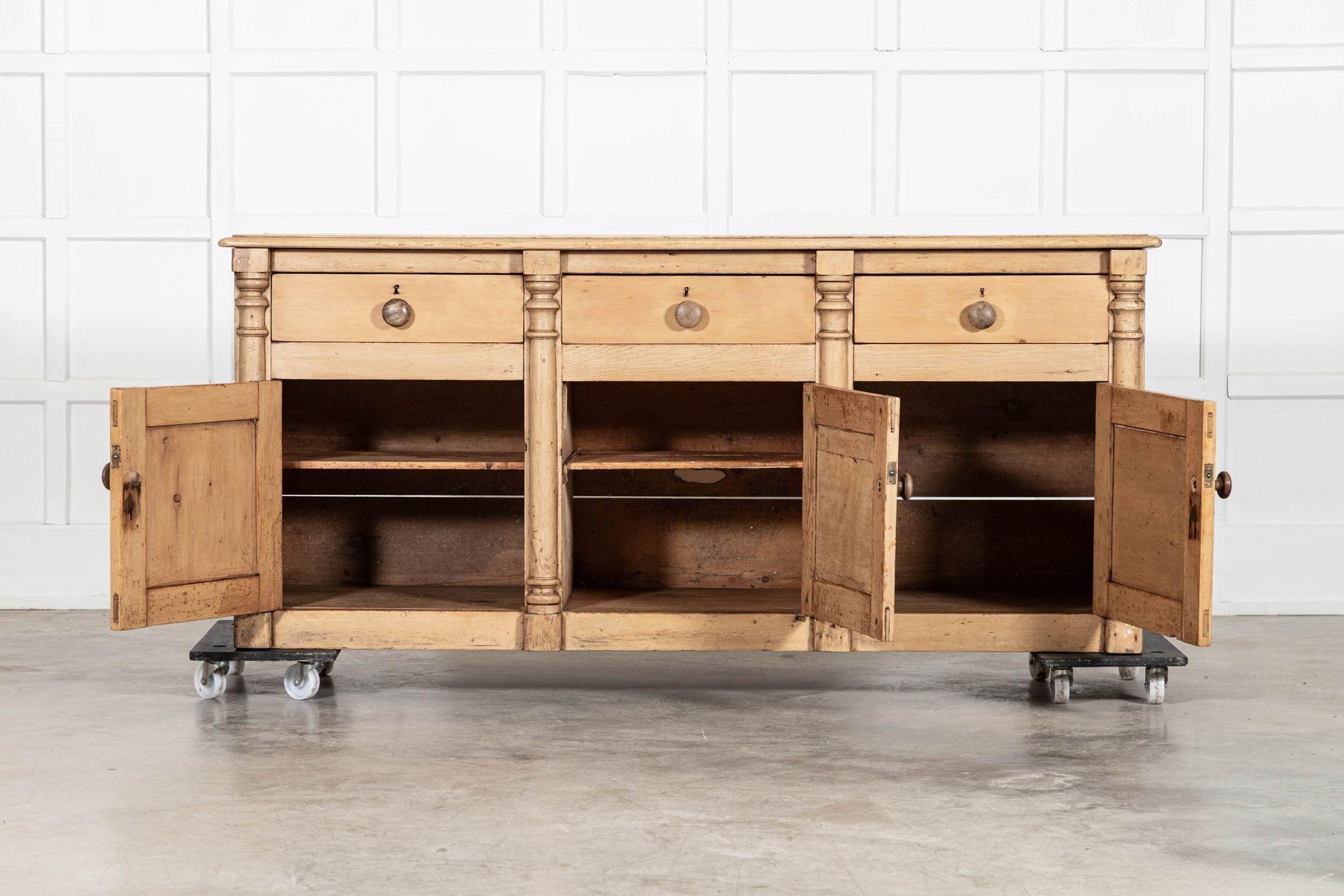 circa 1880
sku 2050B
19thC English Pine Dresser Base

W189 x D55 x H83 cm
Middle section Internal shelf depth 46 cm
Left section internal shelf depth 40 cm
Weight 65Kg