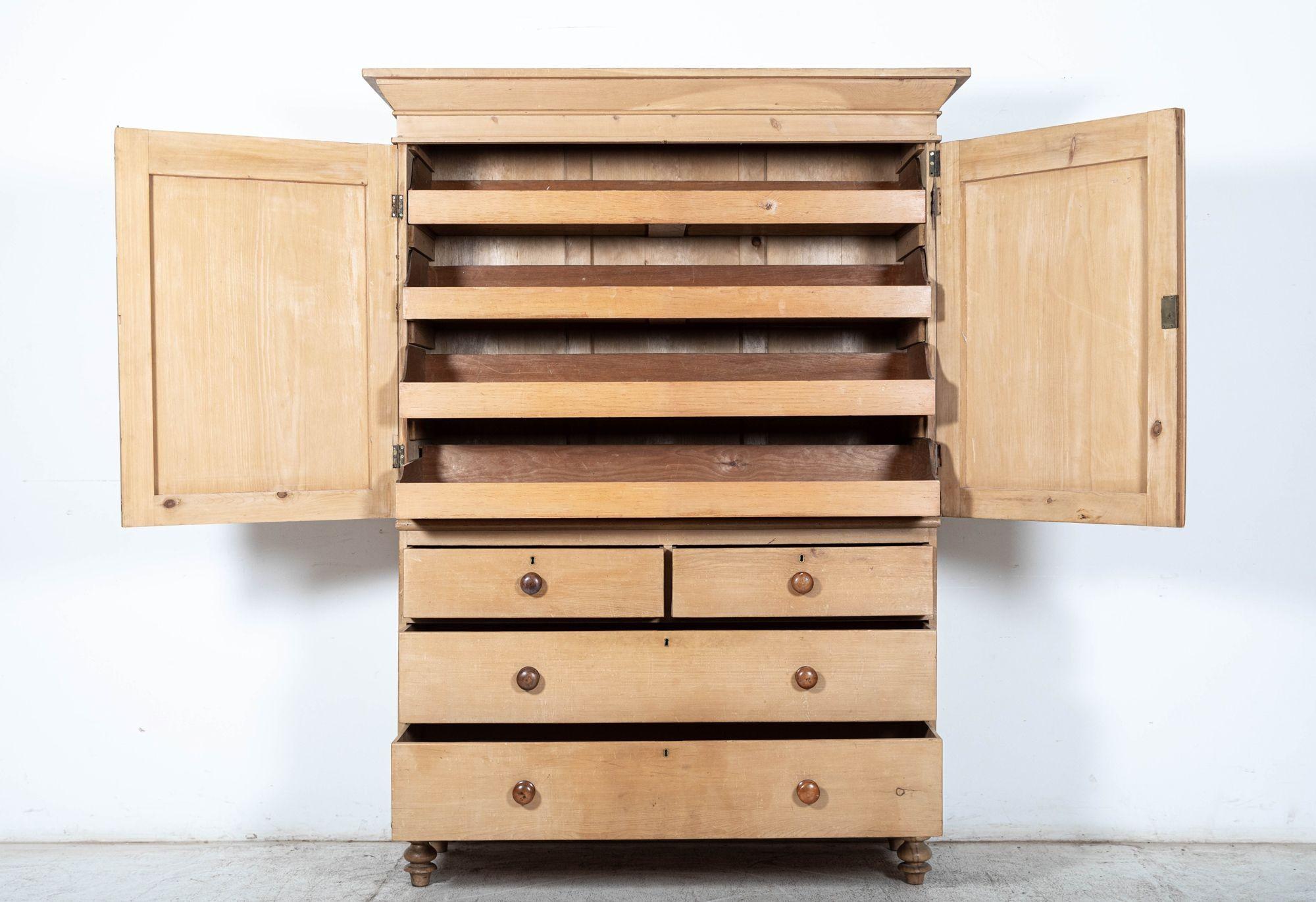 Circa 1870
19thC English pine linen press cupboard
Measures: W151 x D55 x H208 cm
Base W141 x D49 x H94 cm
Top W151 x D55 x H114 cm.
 