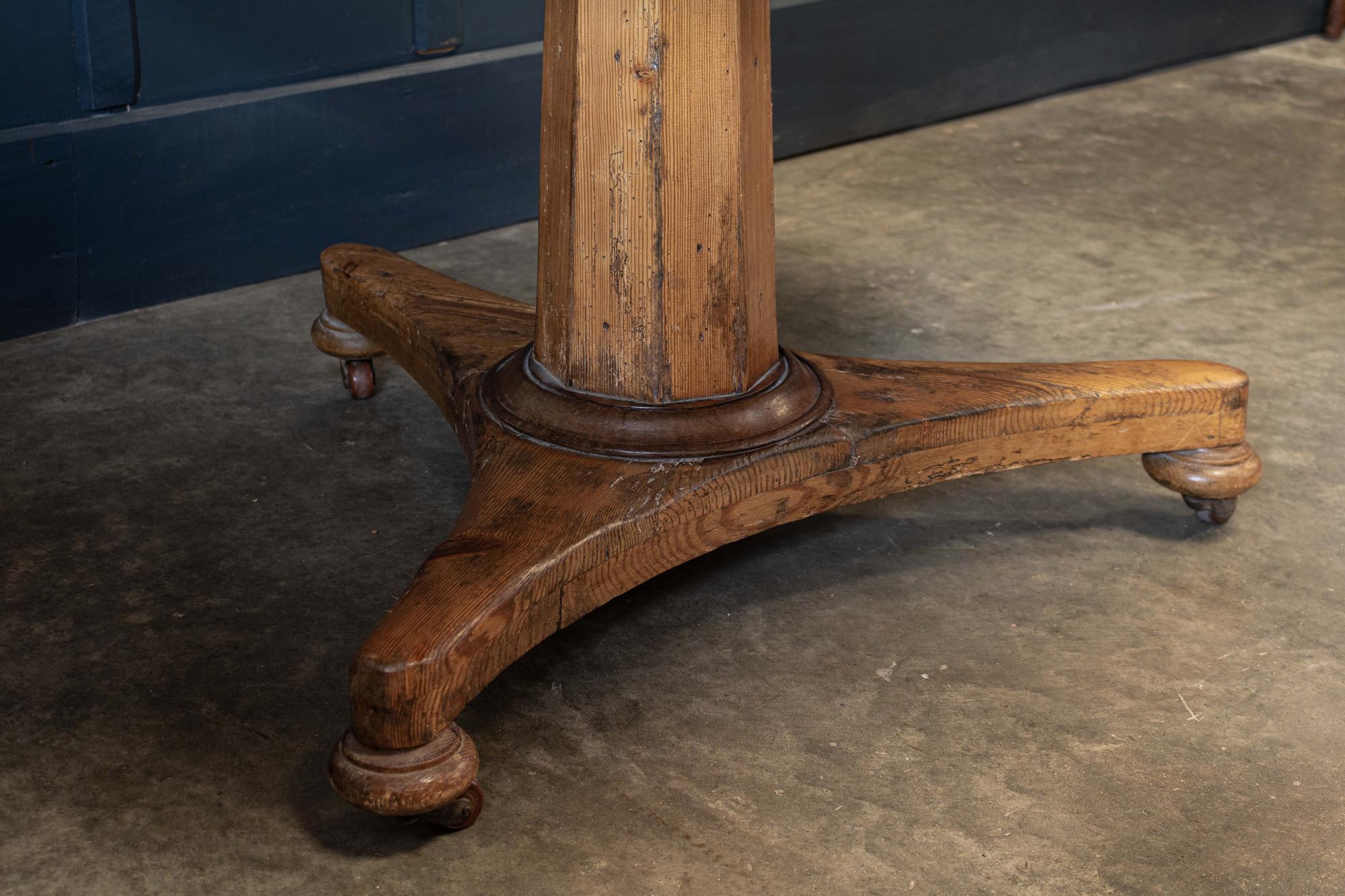 Circa 1870.

19th C English pine pedestal breakfast centre table.

Great colour & shape with signs of past worm.
(slight warping to the top)

   

Measures: Diameter 119 x height 73cm.