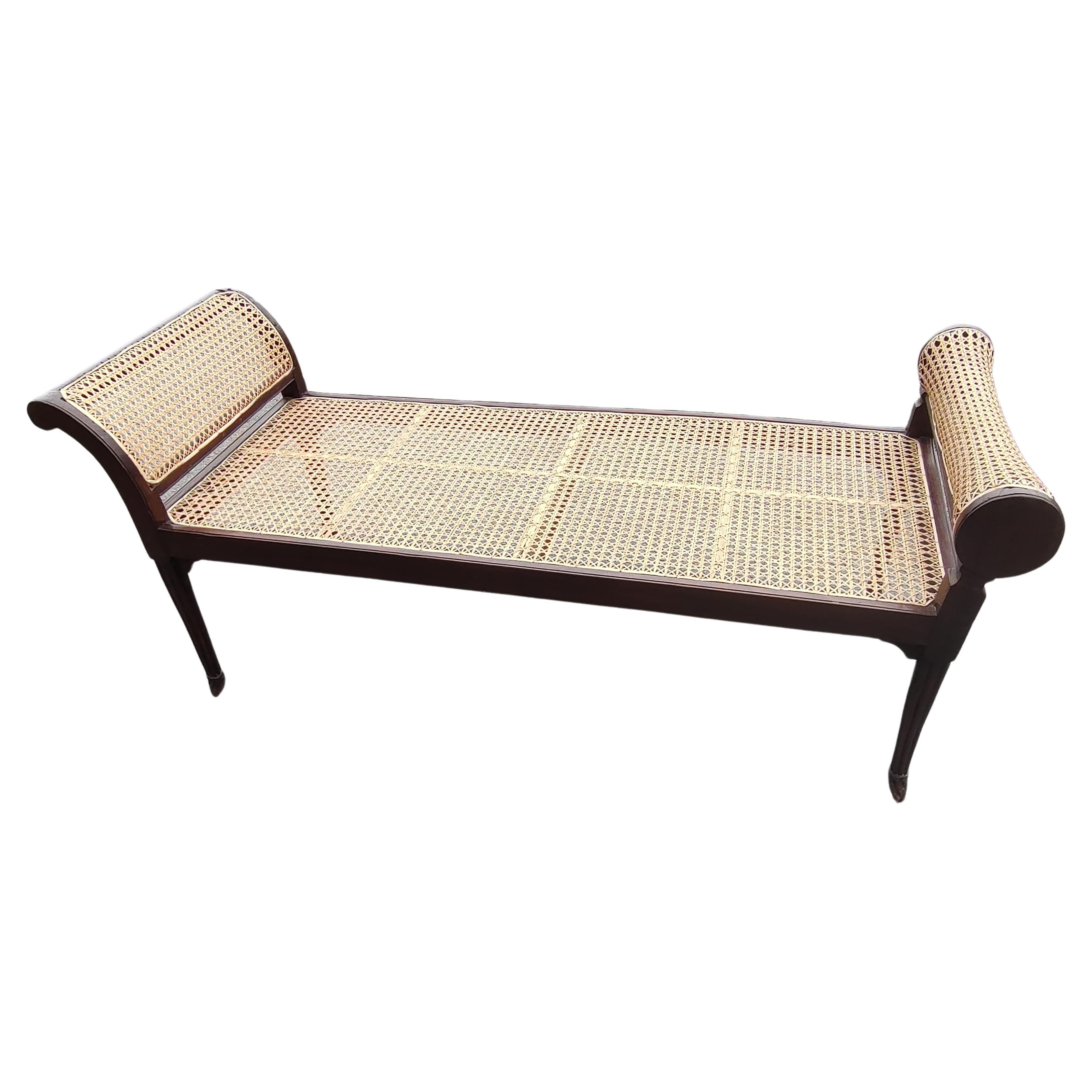 19thC English Regency Caned Recamier Style Window Seat with Reeded legs Mahogany For Sale