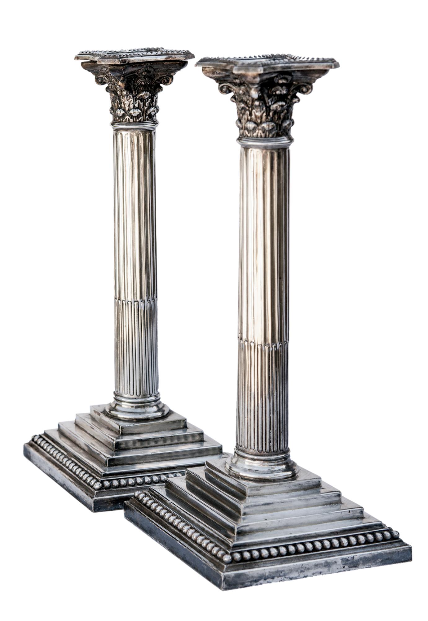 Neoclassical Early 20thC English Silver plate Candlesticks /Sterling Silver Columns, set/2 For Sale