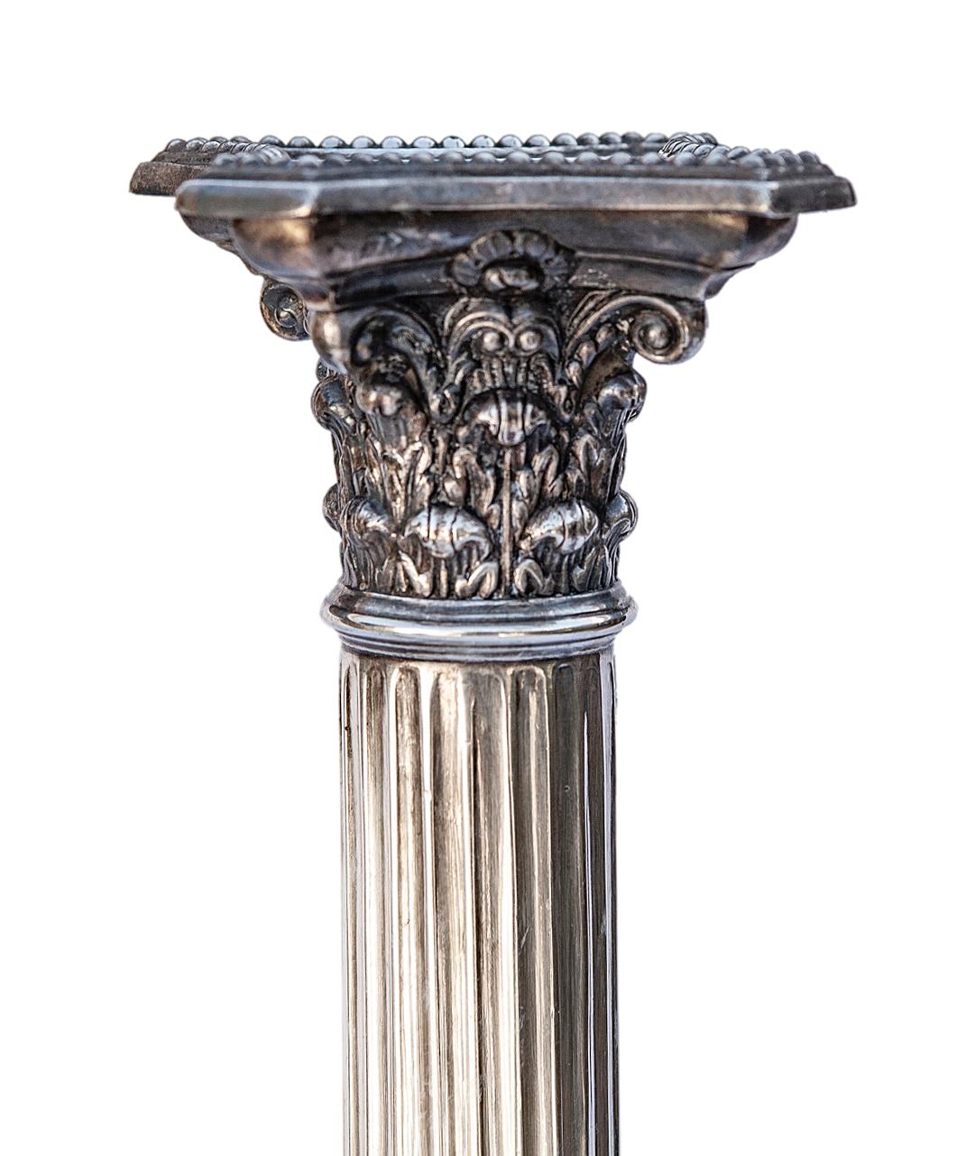 British Early 20thC English Silver plate Candlesticks /Sterling Silver Columns, set/2 For Sale