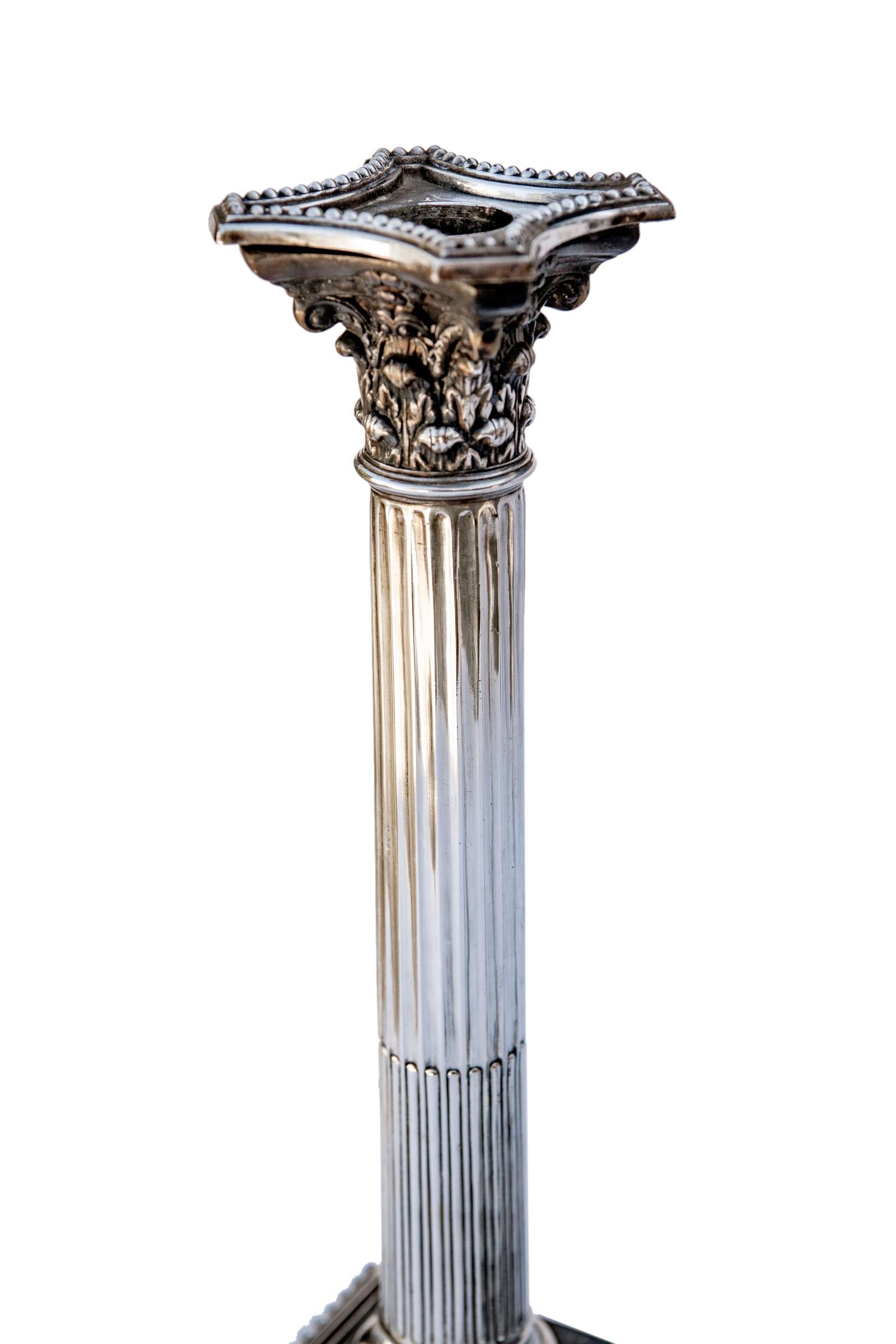 Hand-Crafted Early 20thC English Silver plate Candlesticks /Sterling Silver Columns, set/2 For Sale