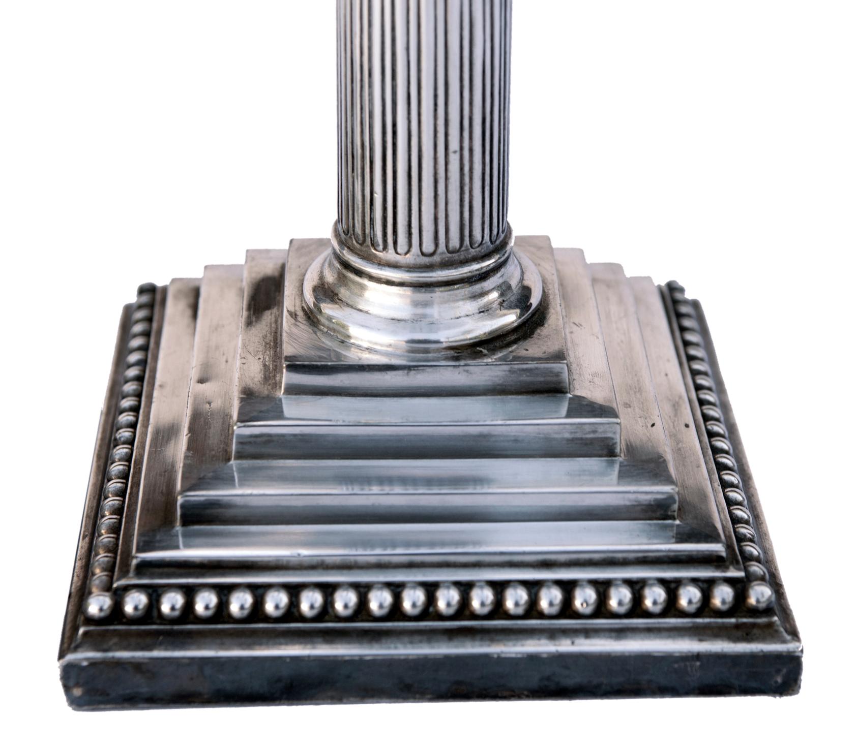 Early 20thC English Silver plate Candlesticks /Sterling Silver Columns, set/2 In Good Condition For Sale In Malibu, CA