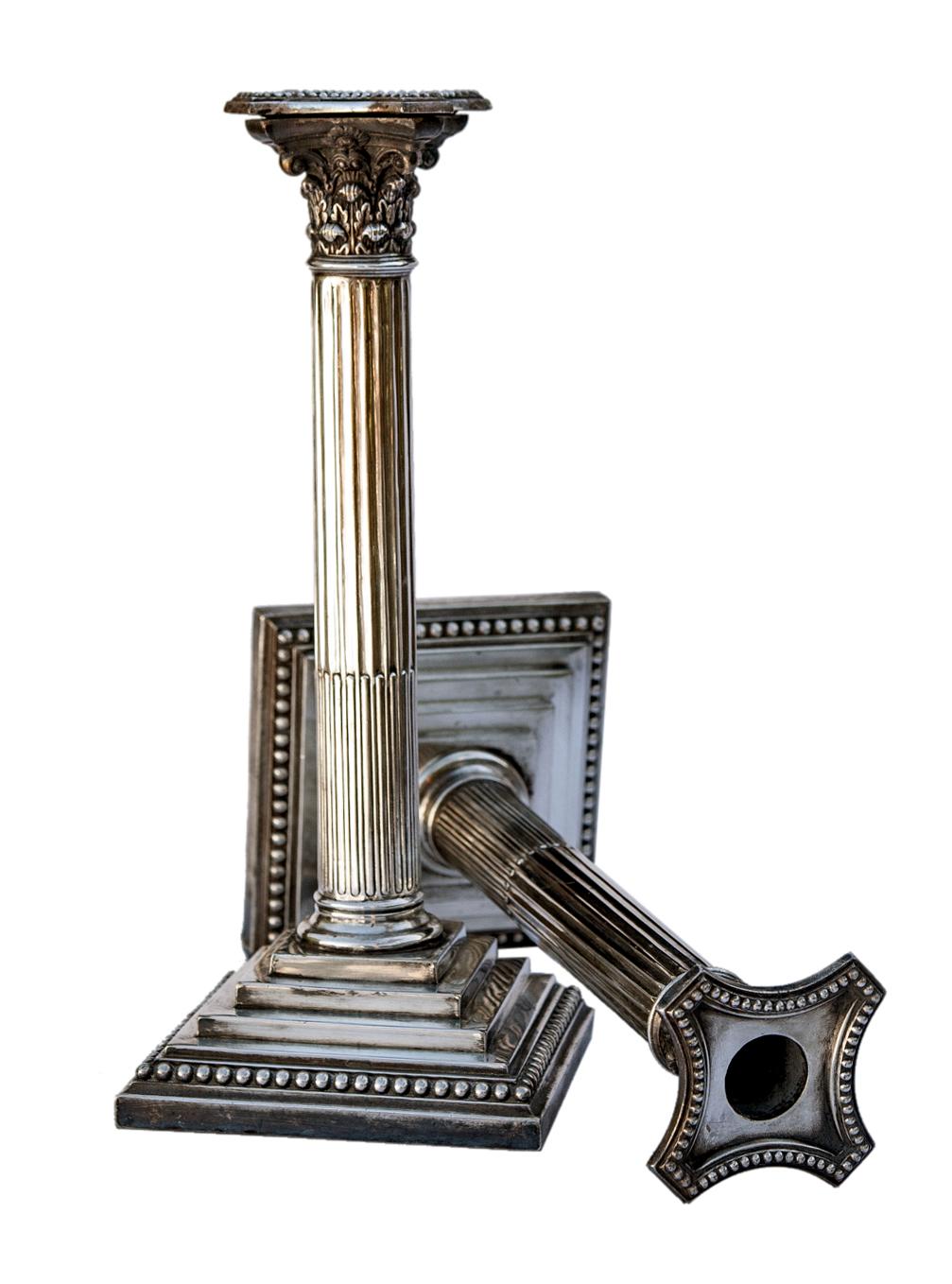Early 20thC English Silver plate Candlesticks /Sterling Silver Columns, set/2 For Sale 1