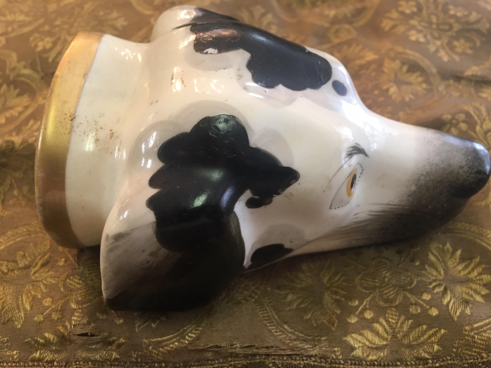 Hand-Painted Stirrup Cup 19thc English Staffordshire Creamware Hound's Head For Sale