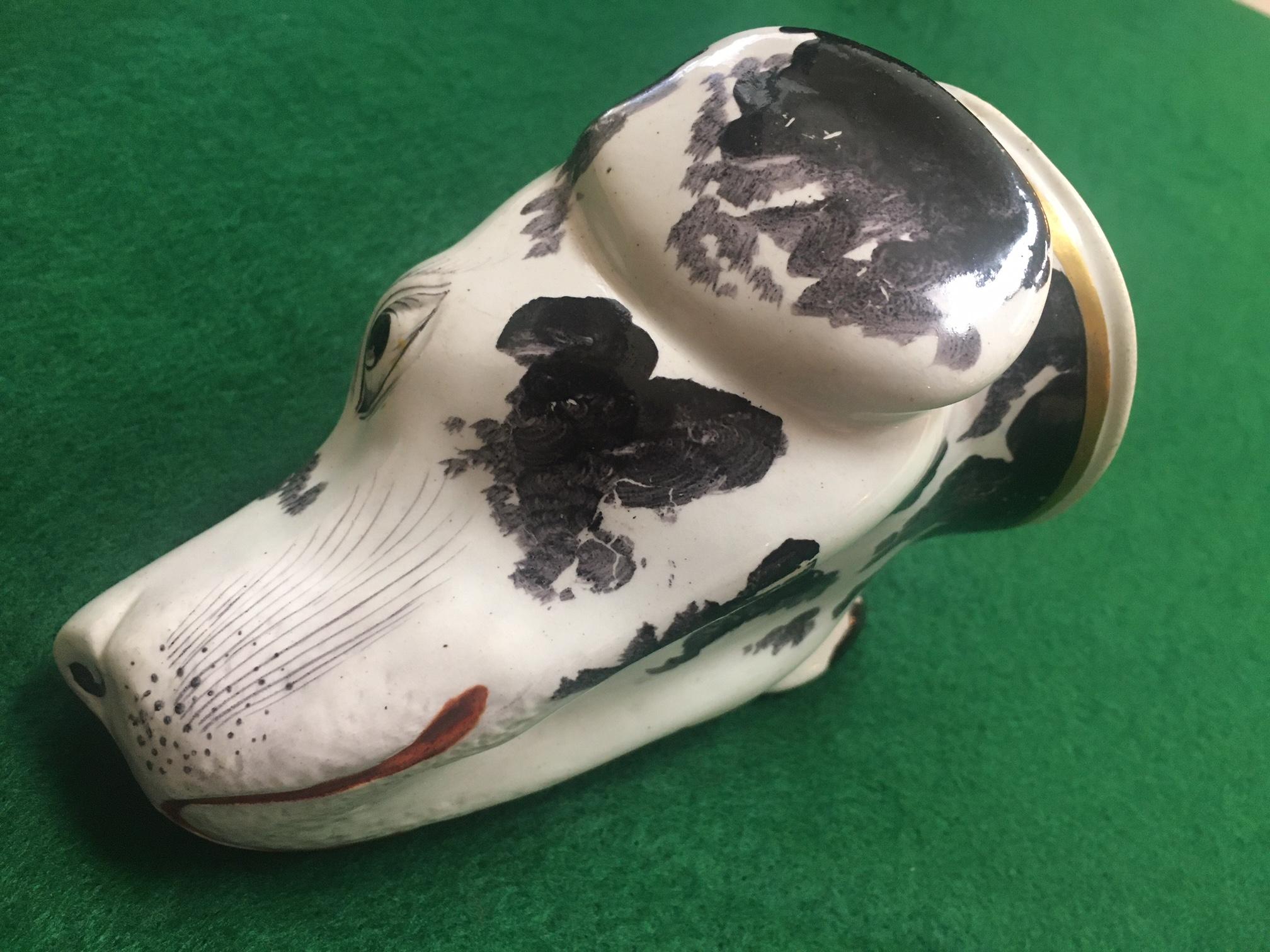 Porcelain Stirrup Cup 19thc English Staffordshire Large Hound's Head For Sale