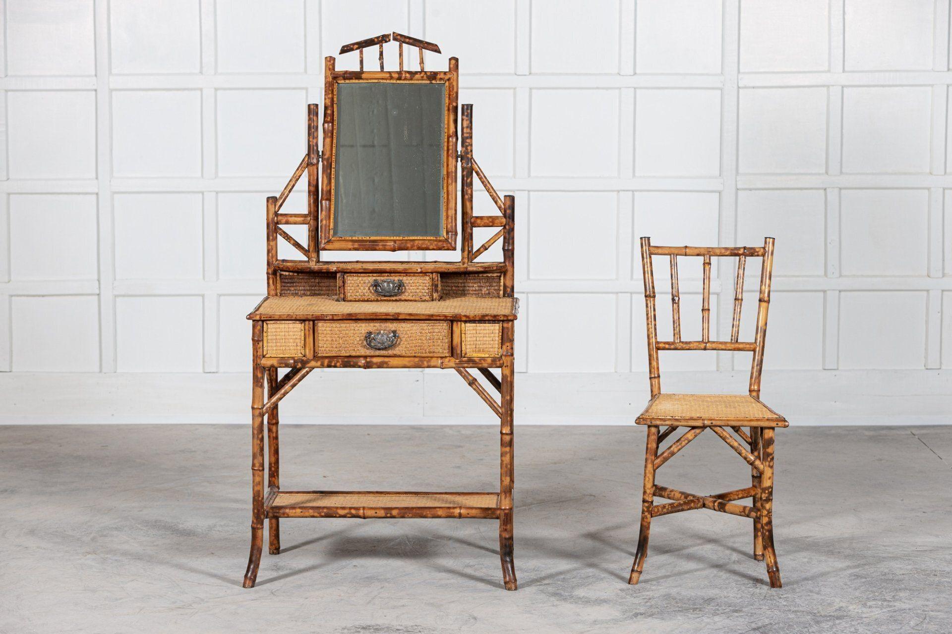 Circa 1860
19thC English Tiger Bamboo dressing table & matching chair
sold as a set
Sku 1139
Dressing table
W75 x D44 x H156cm
Chair
W43 x D41 x H93cm
seat height 49cm.