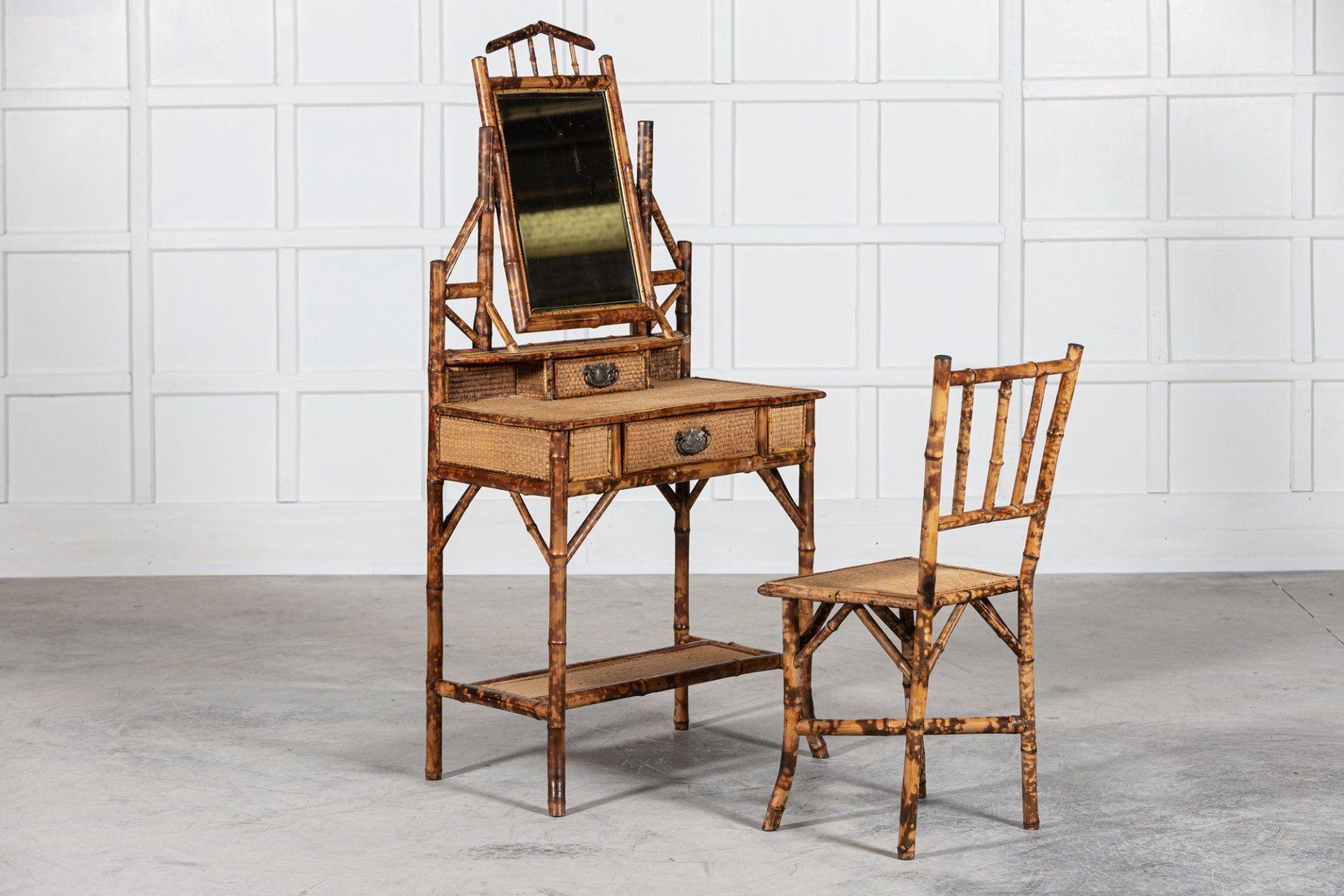 19thC English Tiger Bamboo Dressing Table & Matching Chair 1