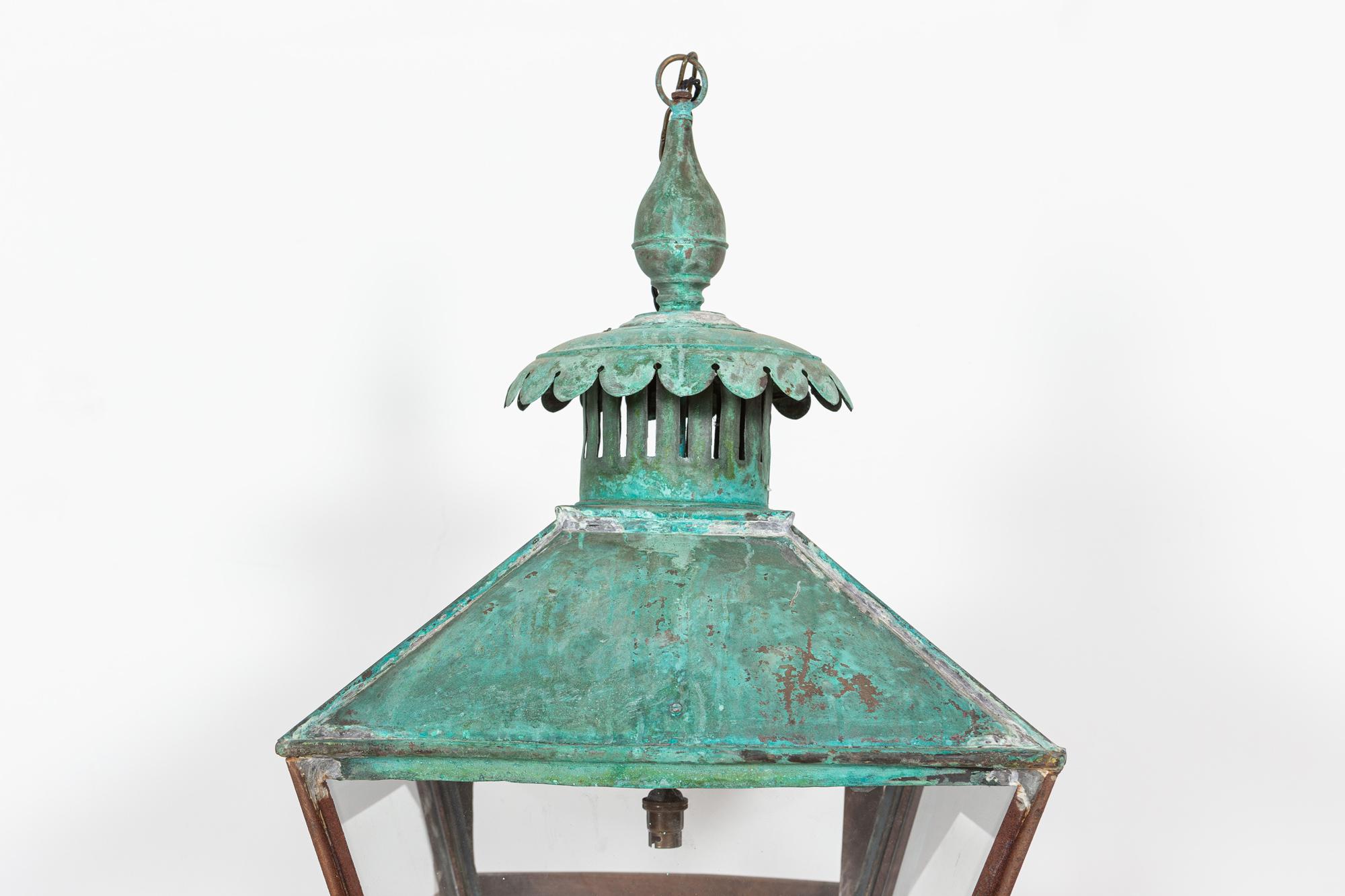 Circa 1850

19thC English Verdigris copper & iron lantern

Rewired & pat tested comes with 1m of brass chain

 

Measures: W45 x D45 x H93 cm.