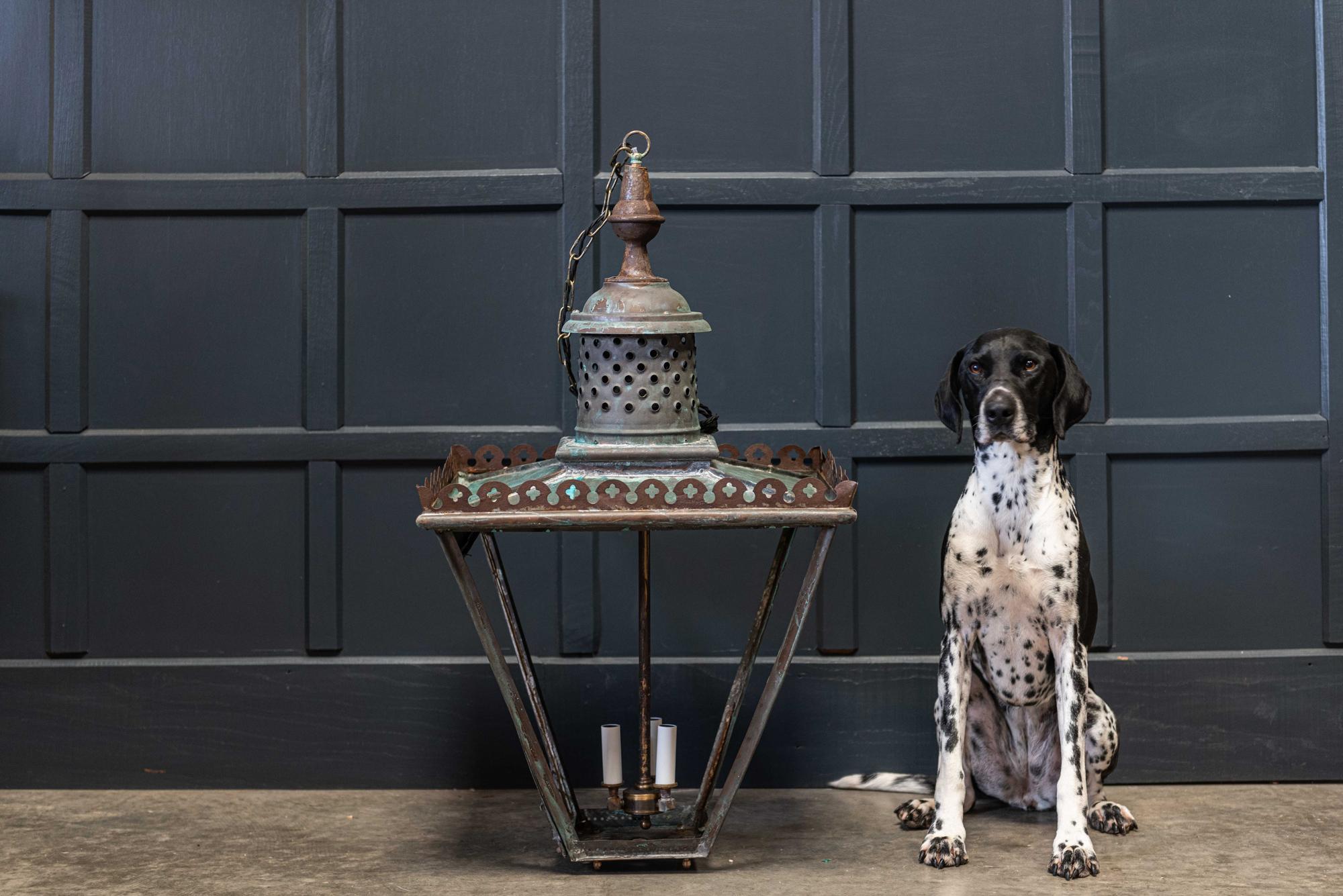 Copper 19th Century English Verdigris Oversized Glazed Lantern