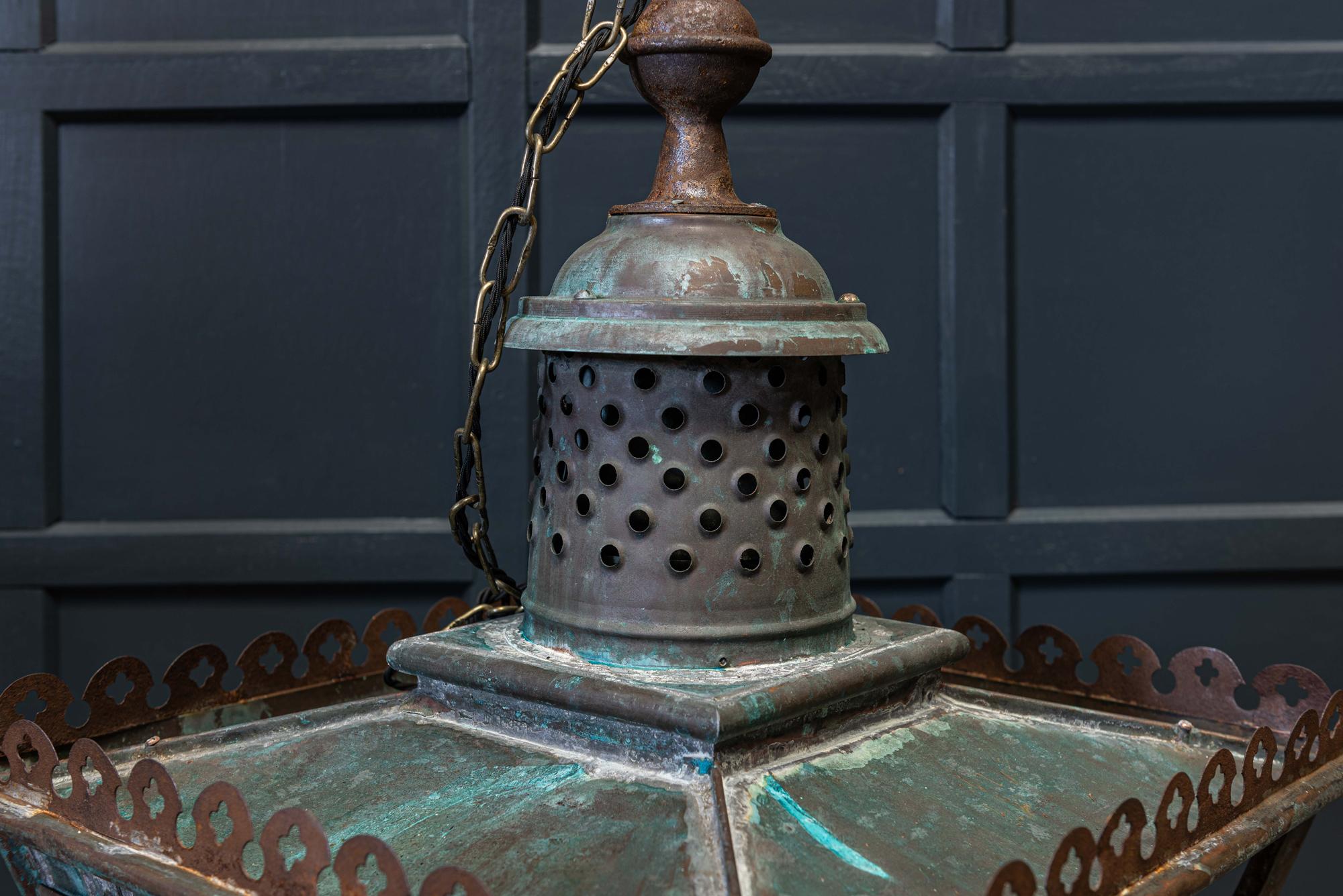 19th Century English Verdigris Oversized Glazed Lantern 3